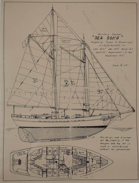Blueprint of 1966 Canadian gaff rigged whaler schooner, "Sea Song," with detailed sail and deck plans.