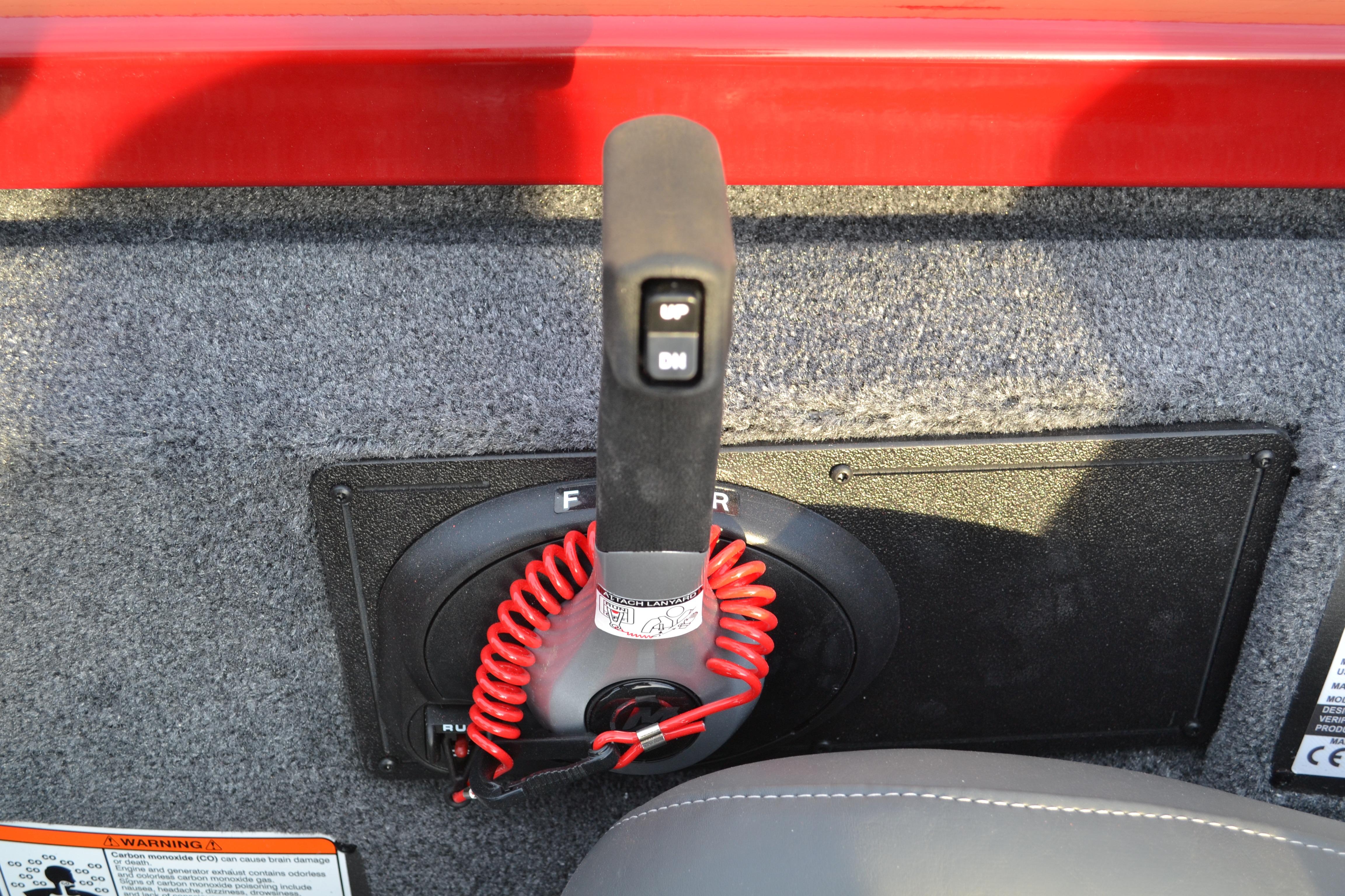 Throttle control of 2026 Ranger RT188 boat with red coiled safety cord.