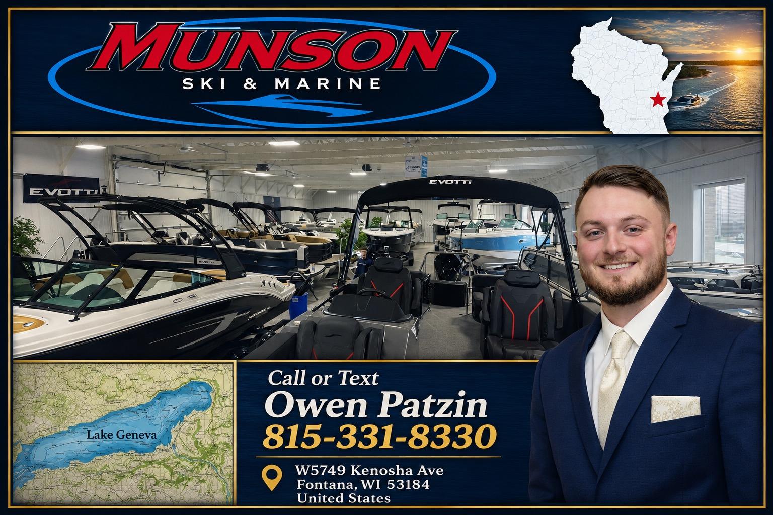 Munson Ski & Marine showroom featuring boats, contact details, and a smiling representative.