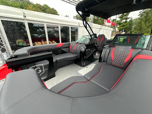 Luxurious interior of 2024 Godfrey XP 27' Windshield boat with stylish seating and modern design.