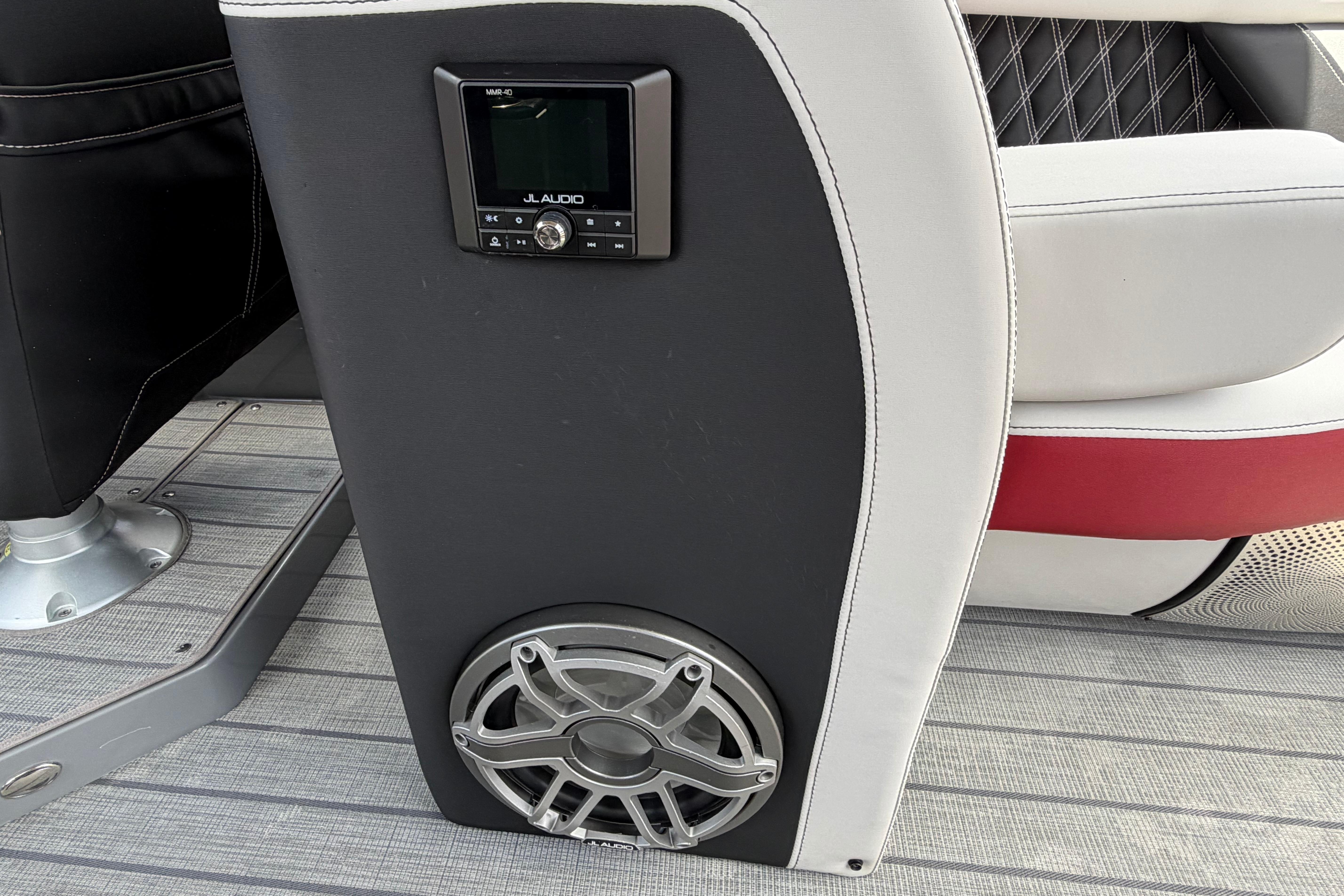 Luxury seating and audio system on 2023 Godfrey Sanpan 2700 ULW Twin boat.