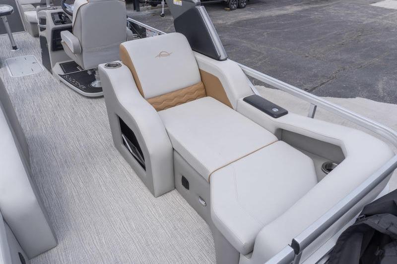 Luxurious seating on 2026 SunCatcher Elite 326 SS pontoon boat, featuring modern design and comfort.