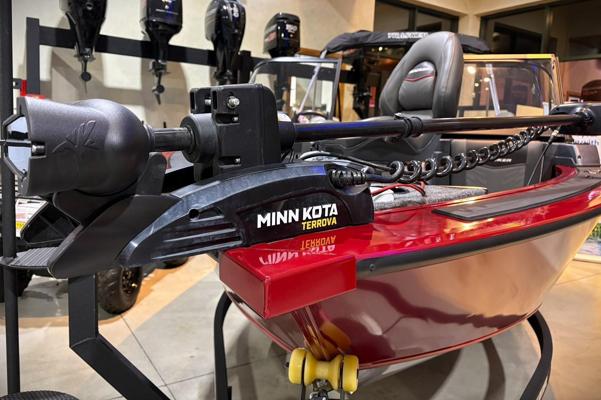 2025 Tracker Targa V-19 WT boat with Minn Kota Terrova motor in showroom.