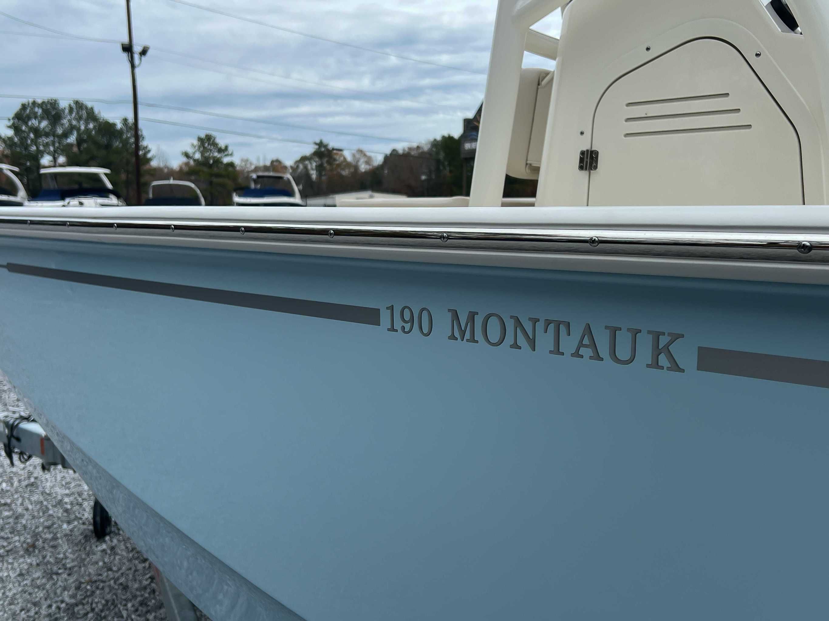 2025 Boston Whaler 190 Montauk boat, side view.