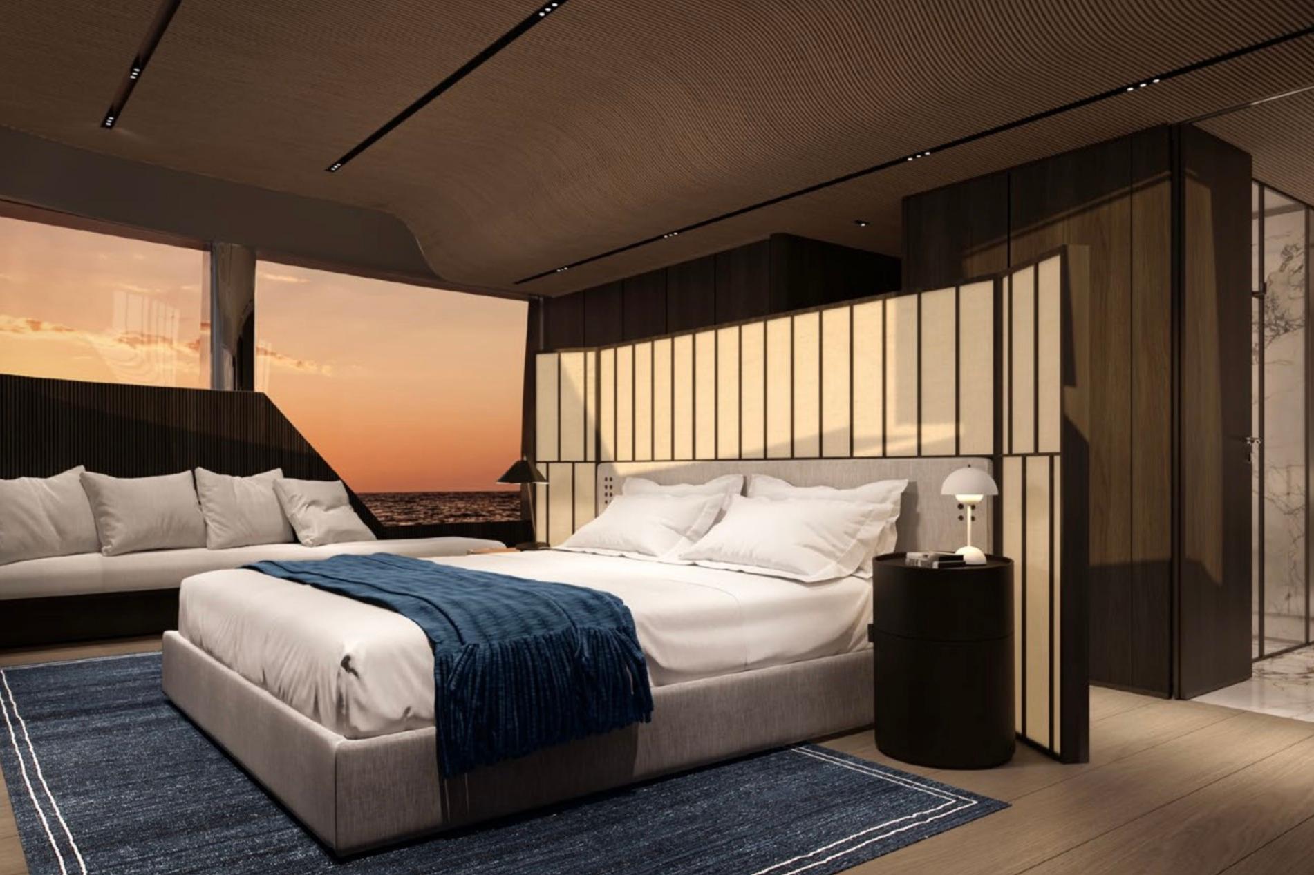 Luxurious bedroom on Sanlorenzo SX120 yacht, 2027 model, with ocean view and modern decor.