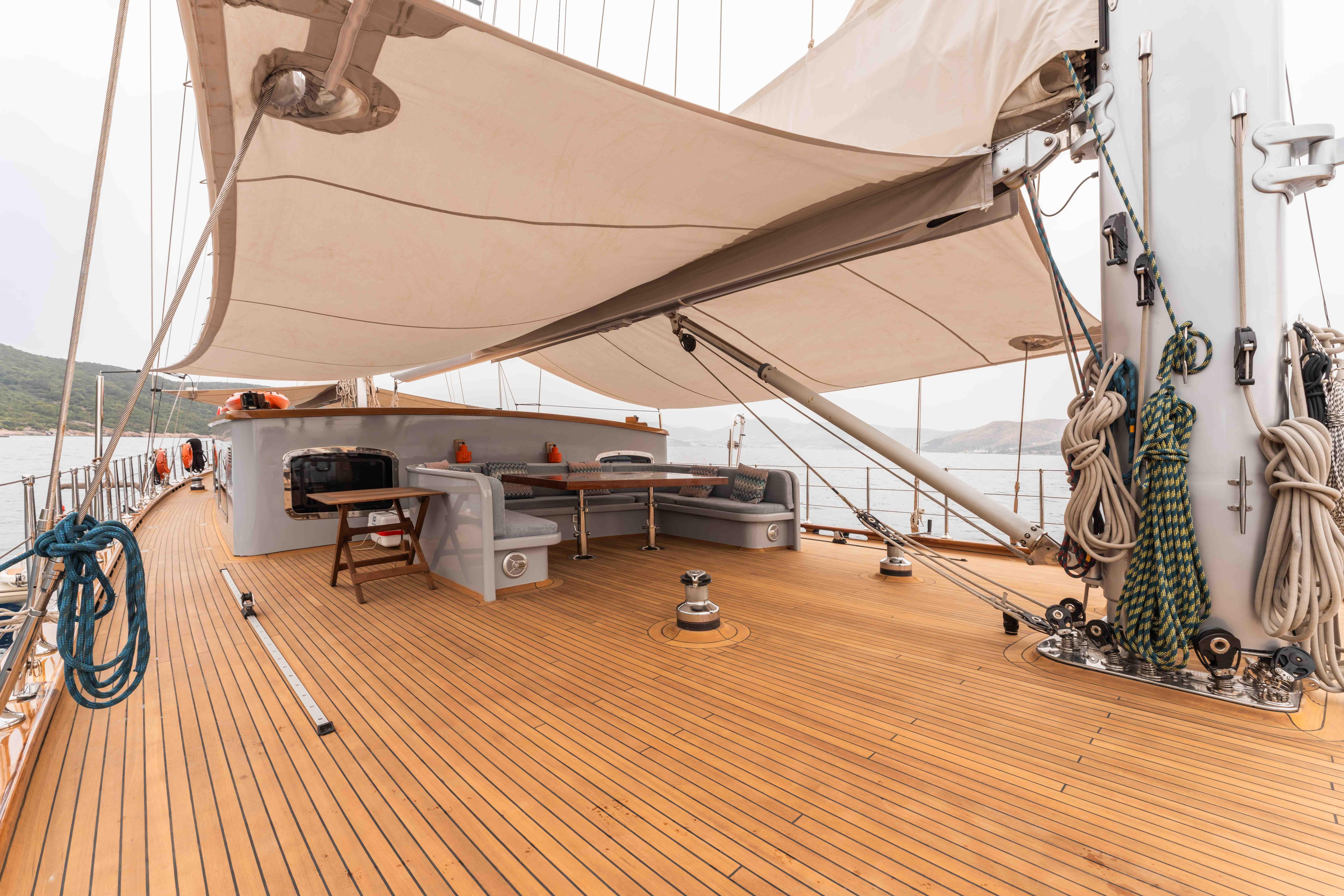 Spacious deck of 2009 Ada Yacht Works Custom yacht with seating and sails.
