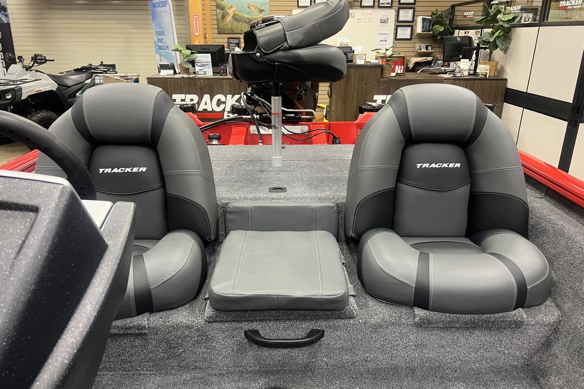 2026 Tracker Pro Team 190 boat interior with gray cushioned seats.