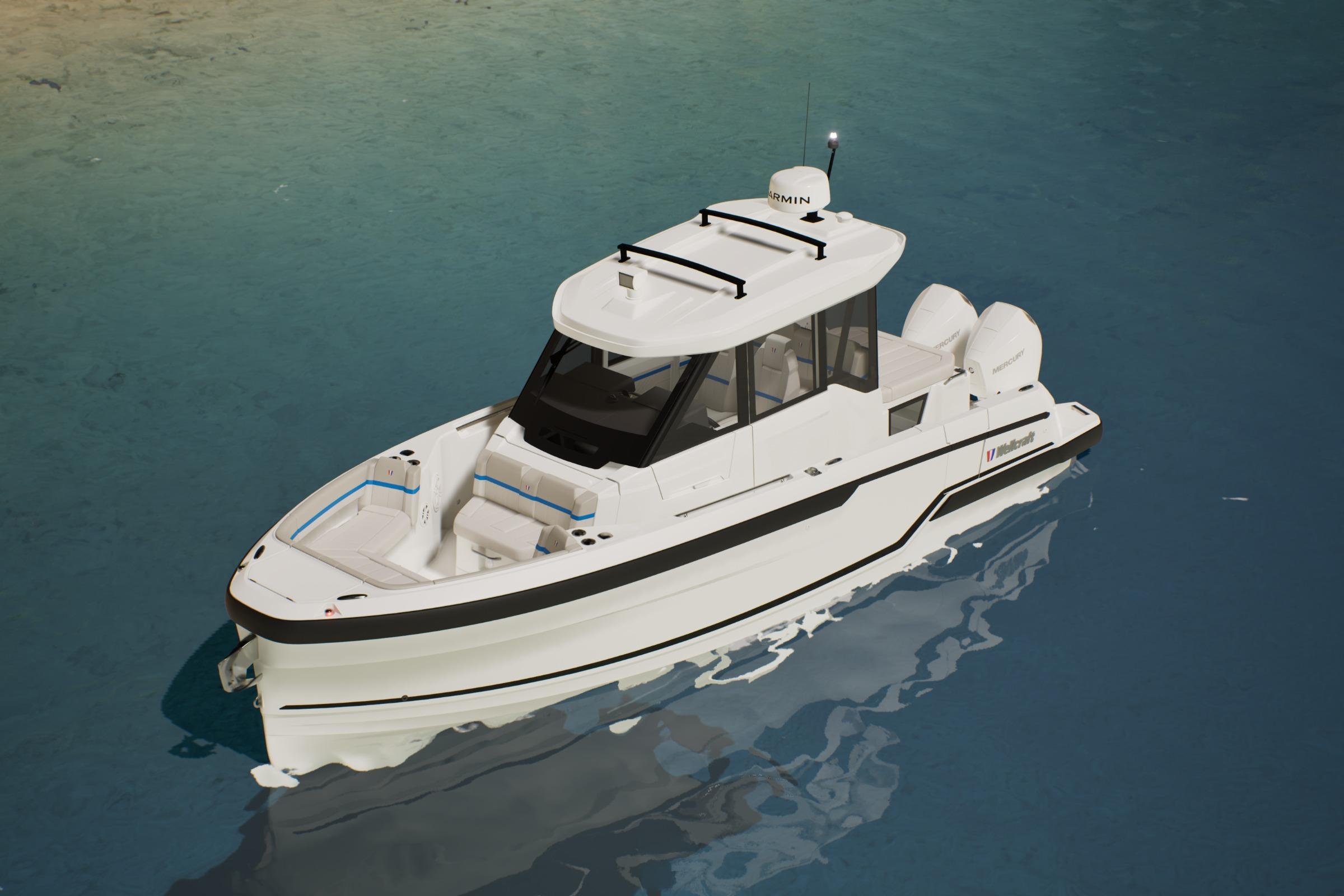 2026 Wellcraft 28 Explorer boat on calm blue water, showcasing sleek design and modern features.