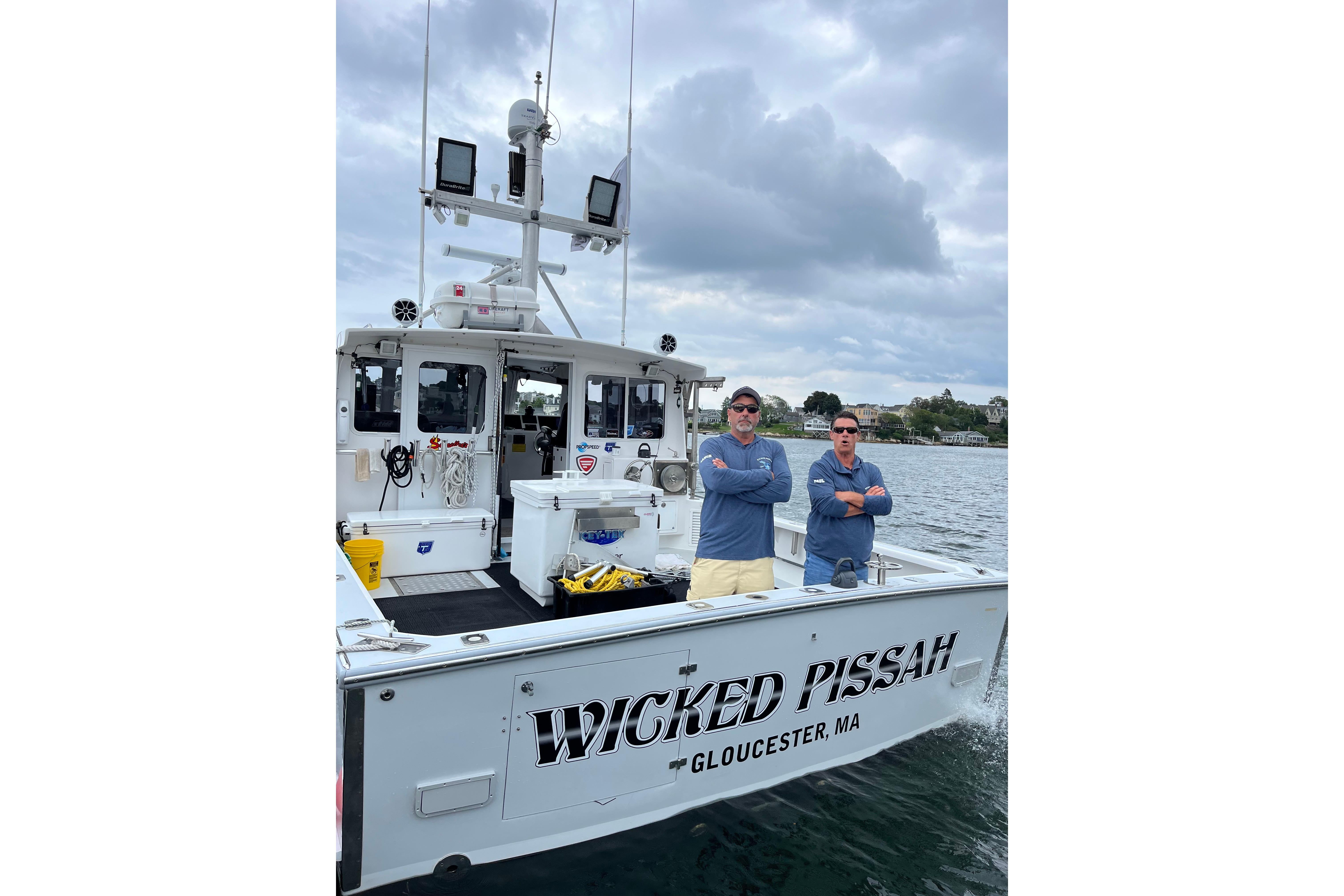 2018 H&H Marine Osmond Beal boat "Wicked Pissah" with two people onboard, Gloucester, MA.