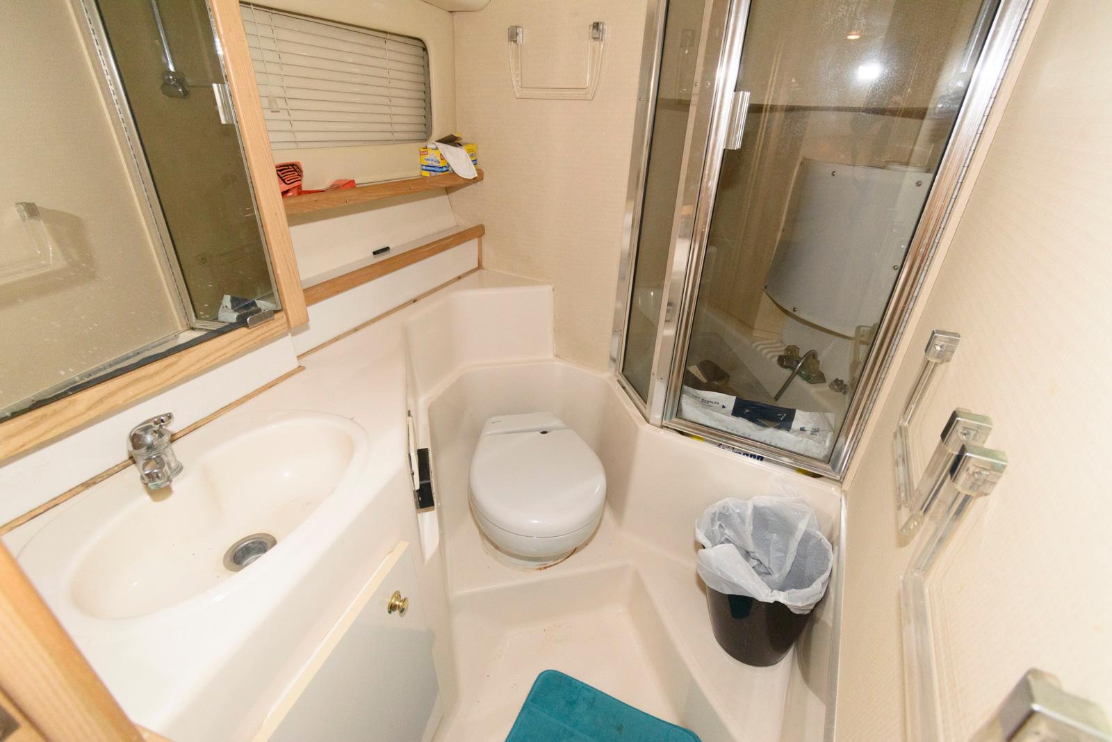 Bathroom interior of 1998 Bayliner 4788 Pilot House Motoryacht with shower and sink.
