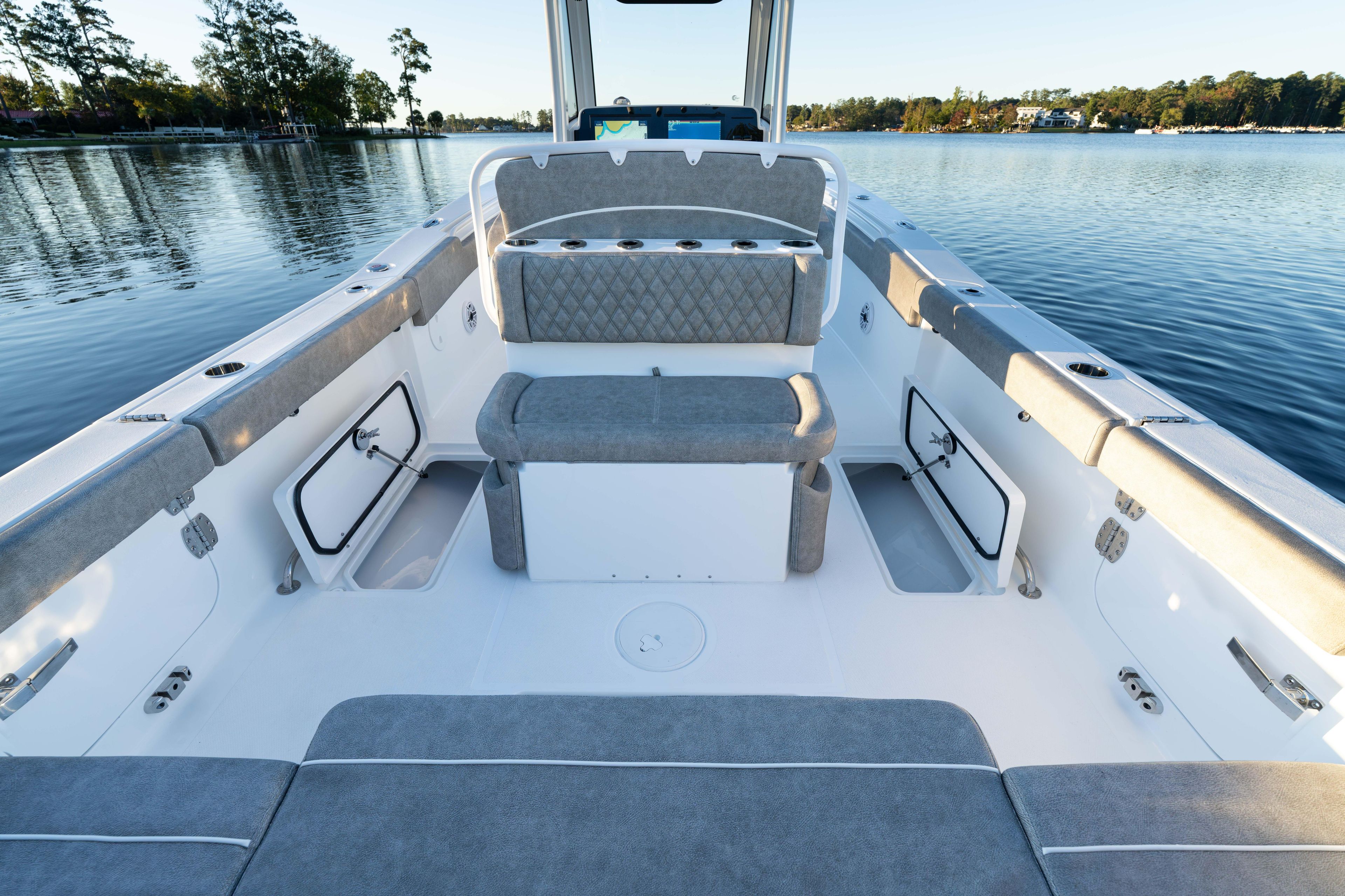 2026 Sea Hunt Ultra 275 Coffin Box boat interior on calm water.