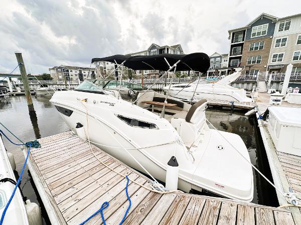 2015 Sea Ray 260 Sundancer docked at marina with modern buildings in background.