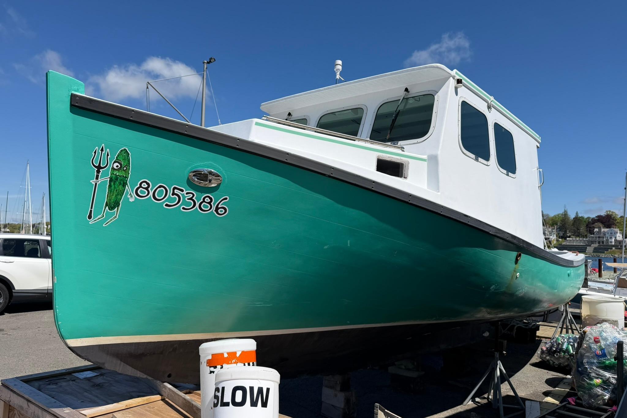 1984 Custom Cape Islander boat with green hull and unique pickle decal in a marina.