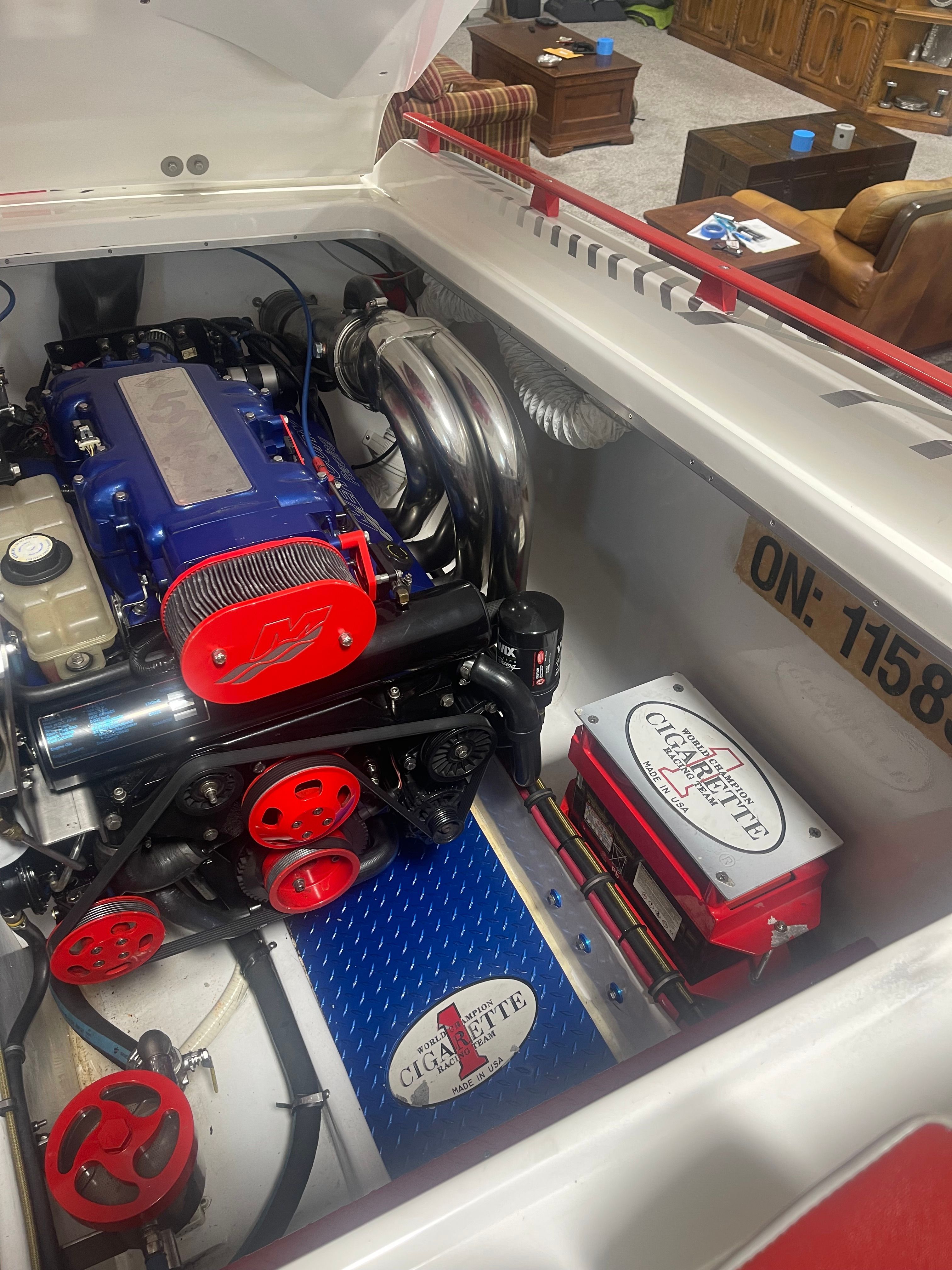 Engine compartment of a 2004 Cigarette 38' Top Gun boat.