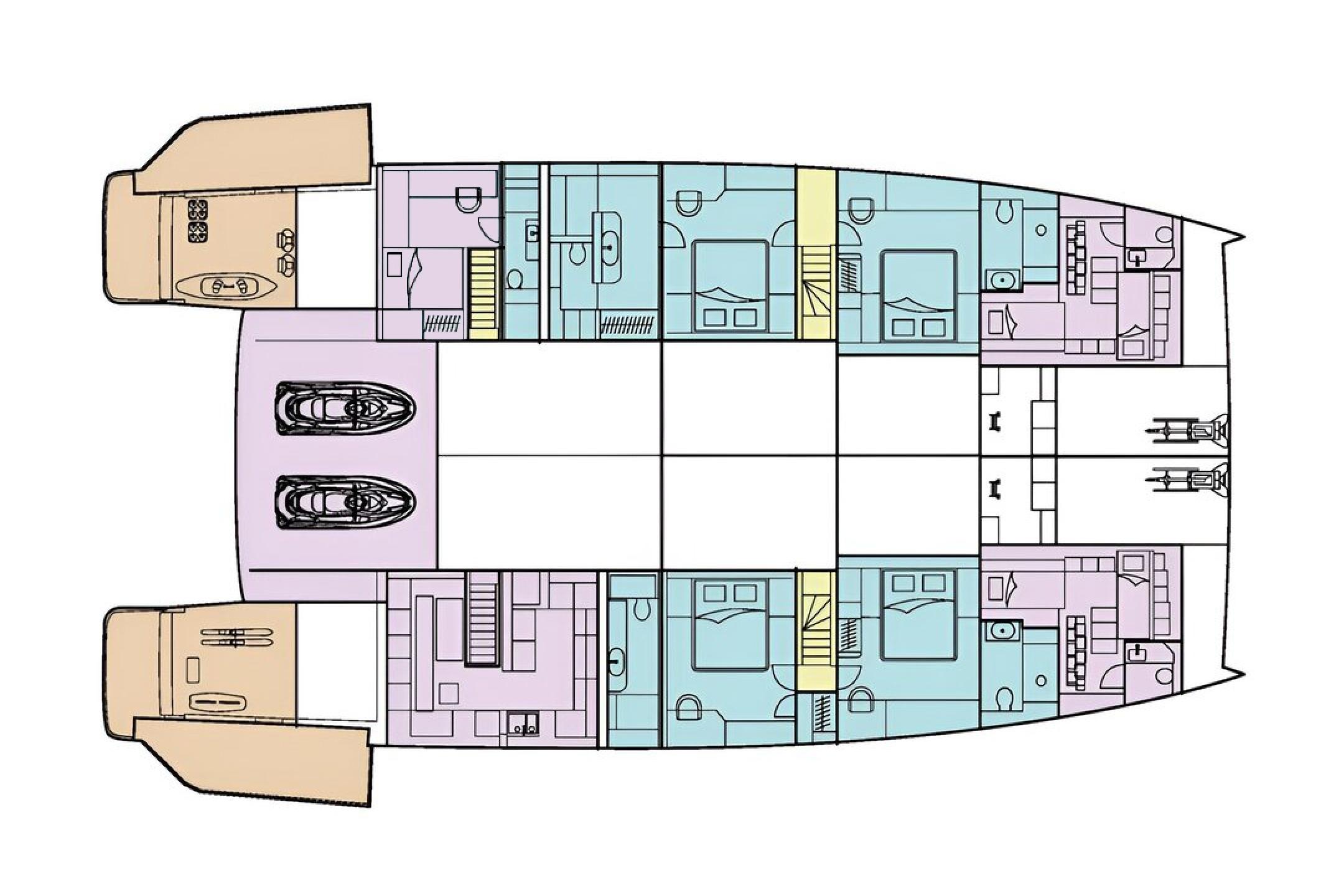 Floor plan of 2025 Sunreef 100 Power yacht, showcasing spacious layout and amenities.
