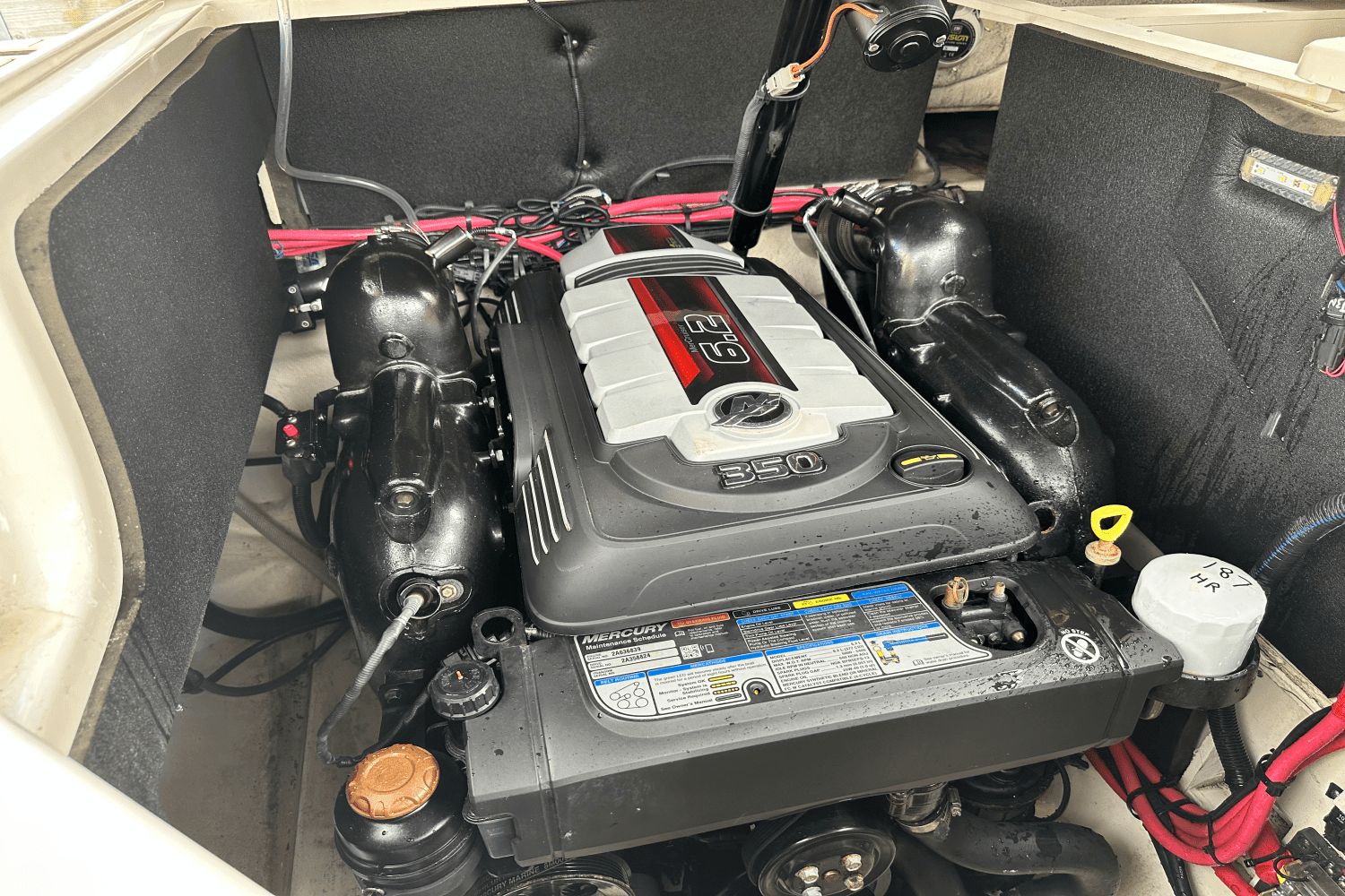 Engine compartment of 2019 Sea Ray SLX 250 boat.