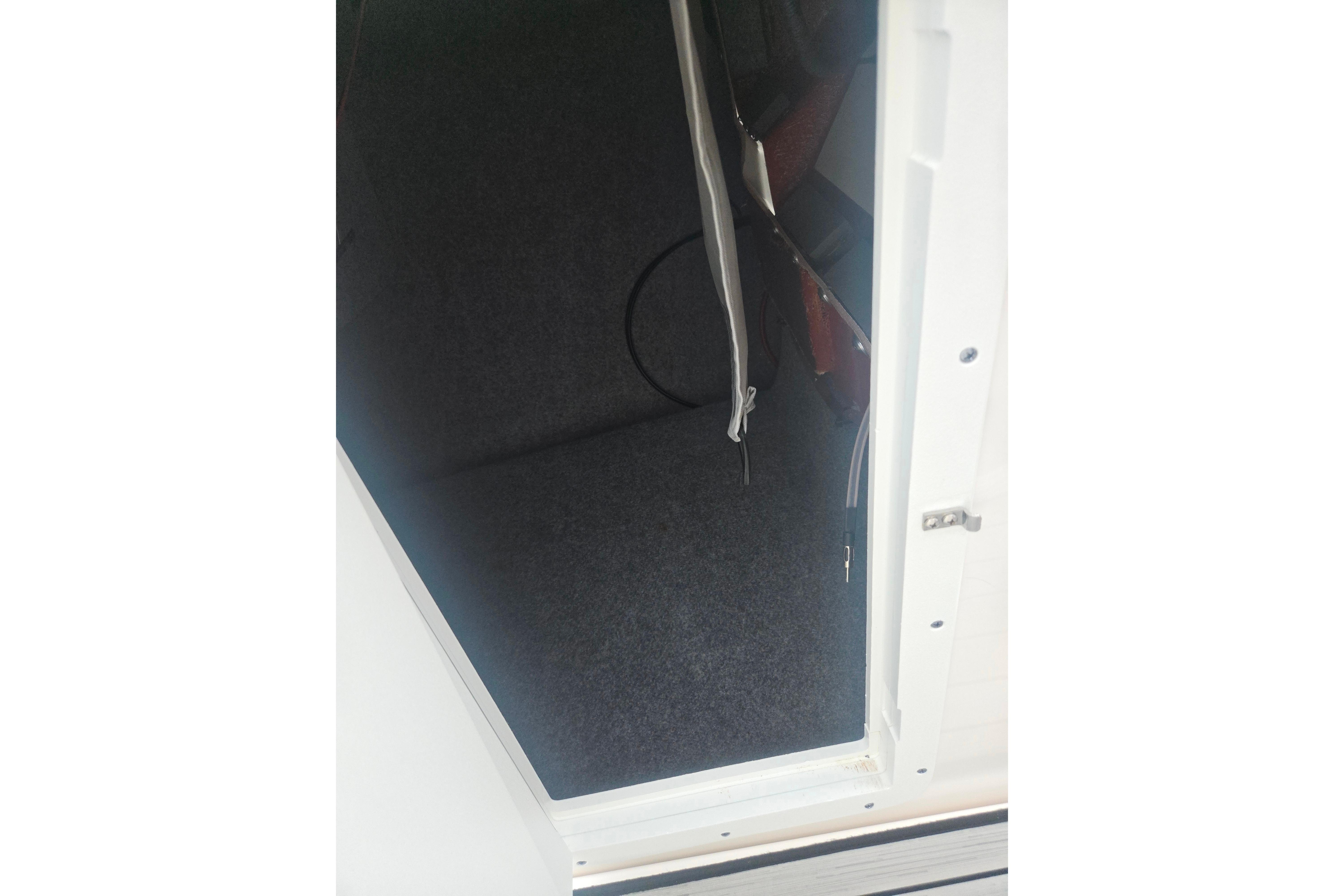 Interior storage compartment of 2023 Yamaha Boats 252S, featuring carpeted flooring.