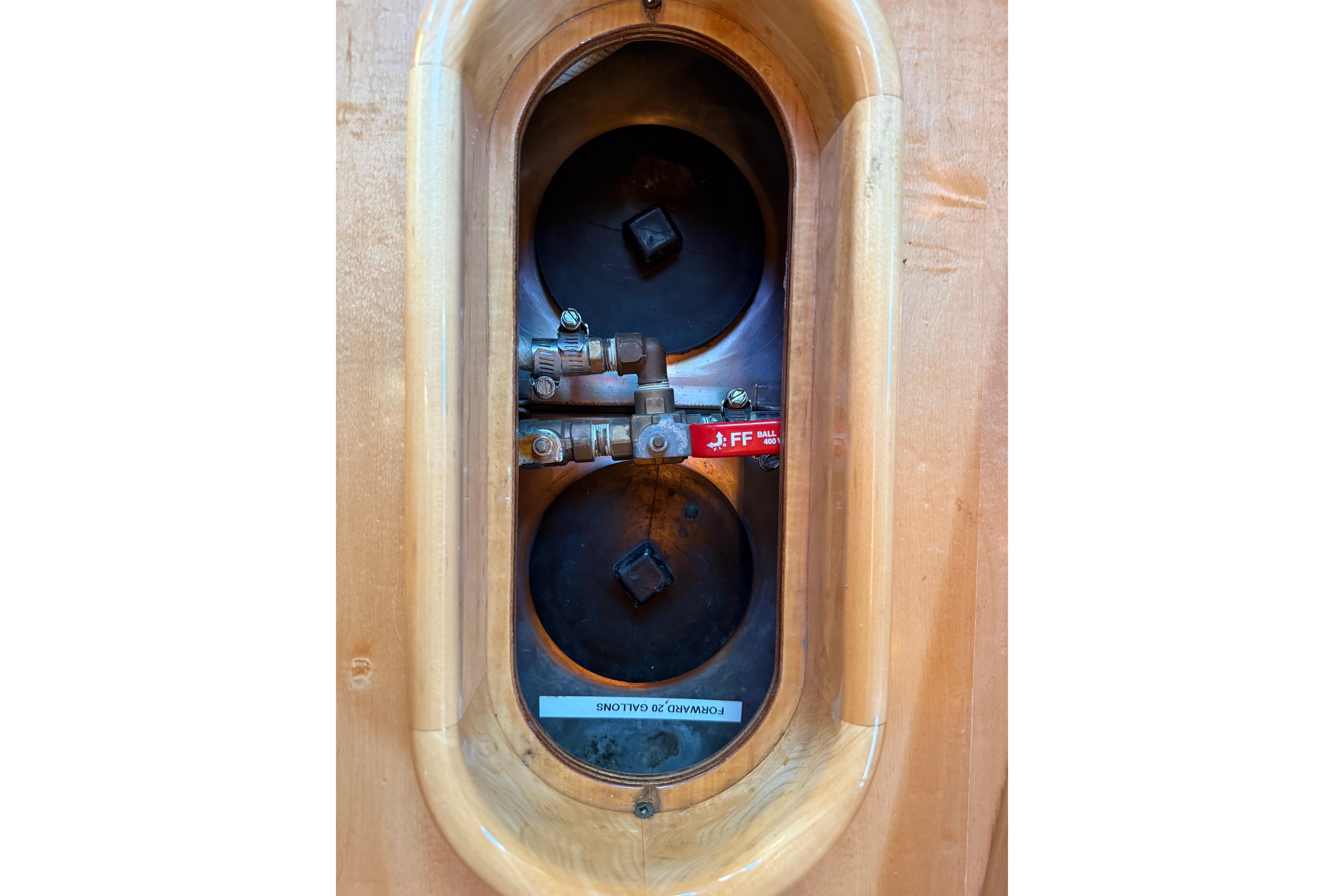 Close-up of a 2007 Chuck Burns Custom 49' Schooner component with wooden frame.