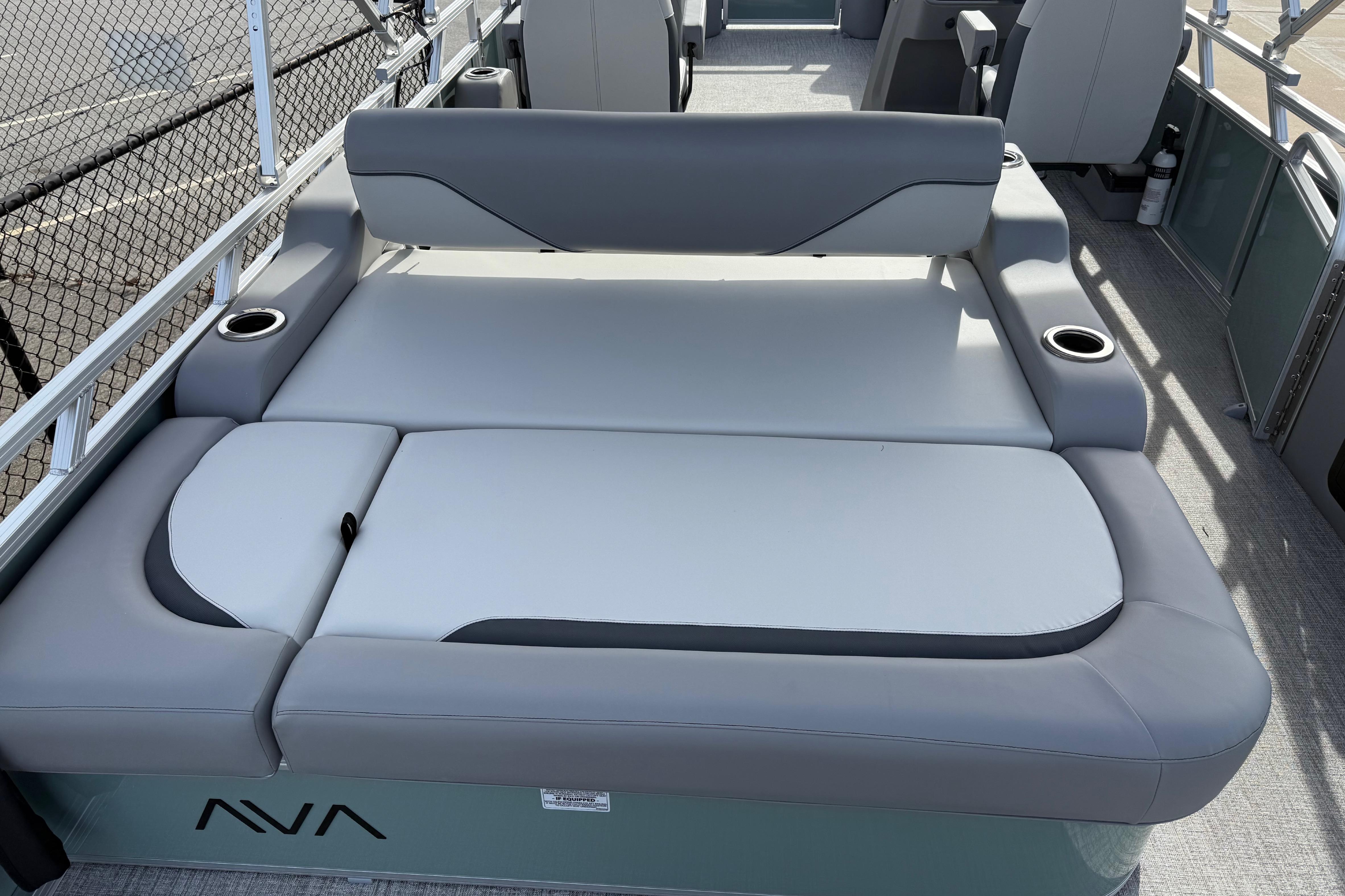 2026 Avalon Venture 85 Versatile rear bench with gray upholstery and cup holders.