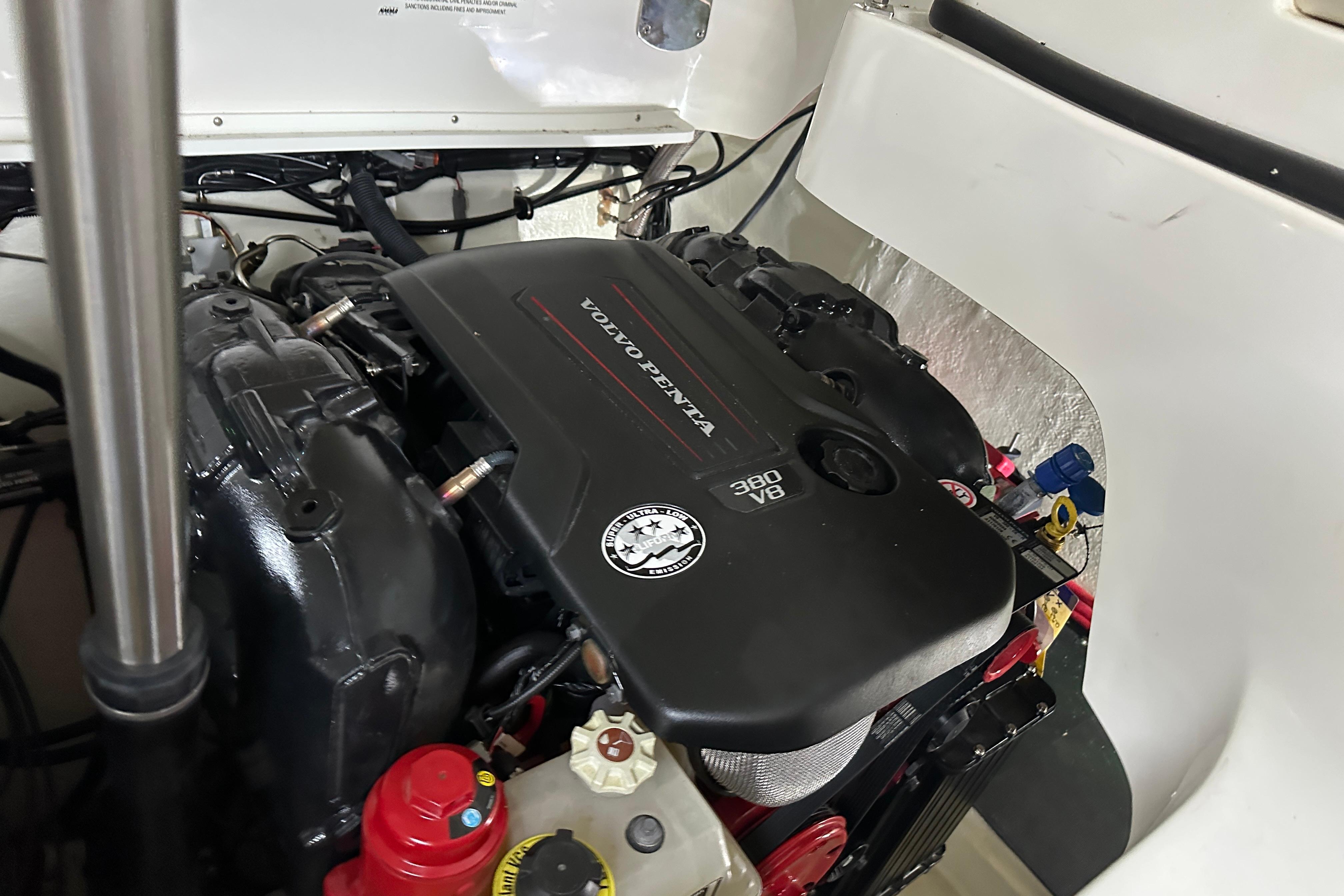 Engine compartment of 2022 Cobalt R35 with Volvo Penta 380 V8 engine.
