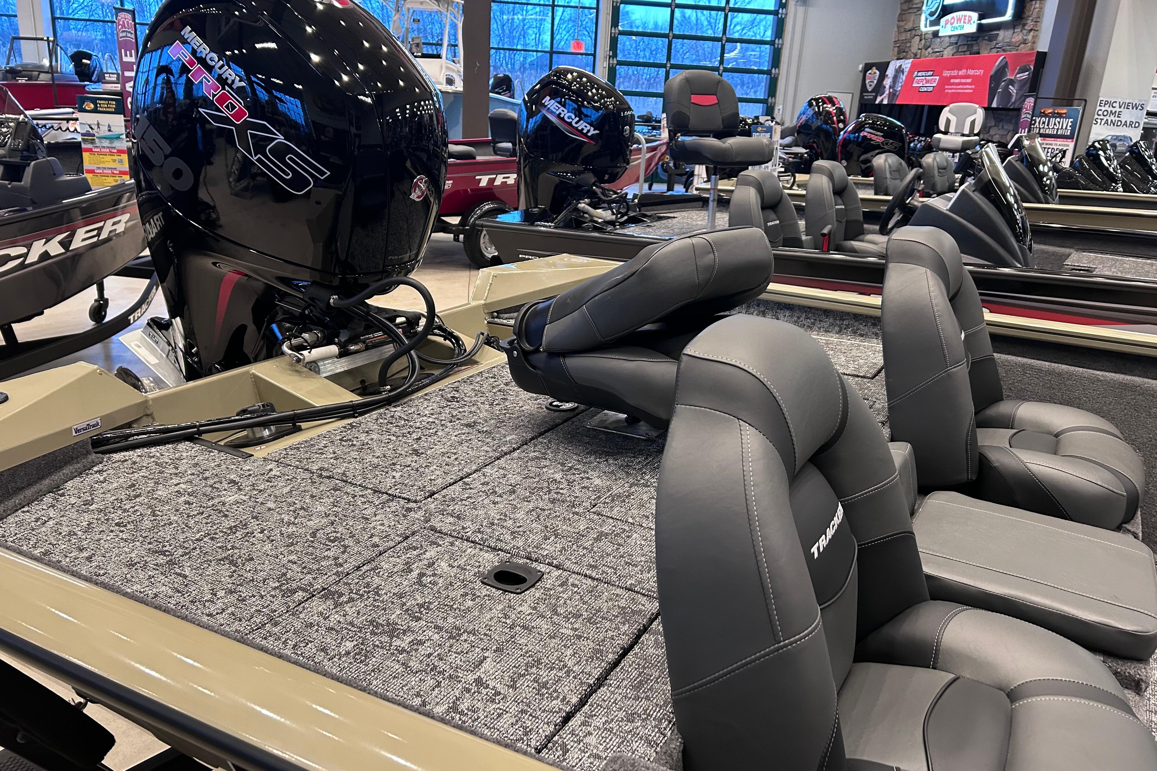 2026 Tracker Pro Team 195 boat interior with Mercury Pro XS engine, featuring comfortable seating.