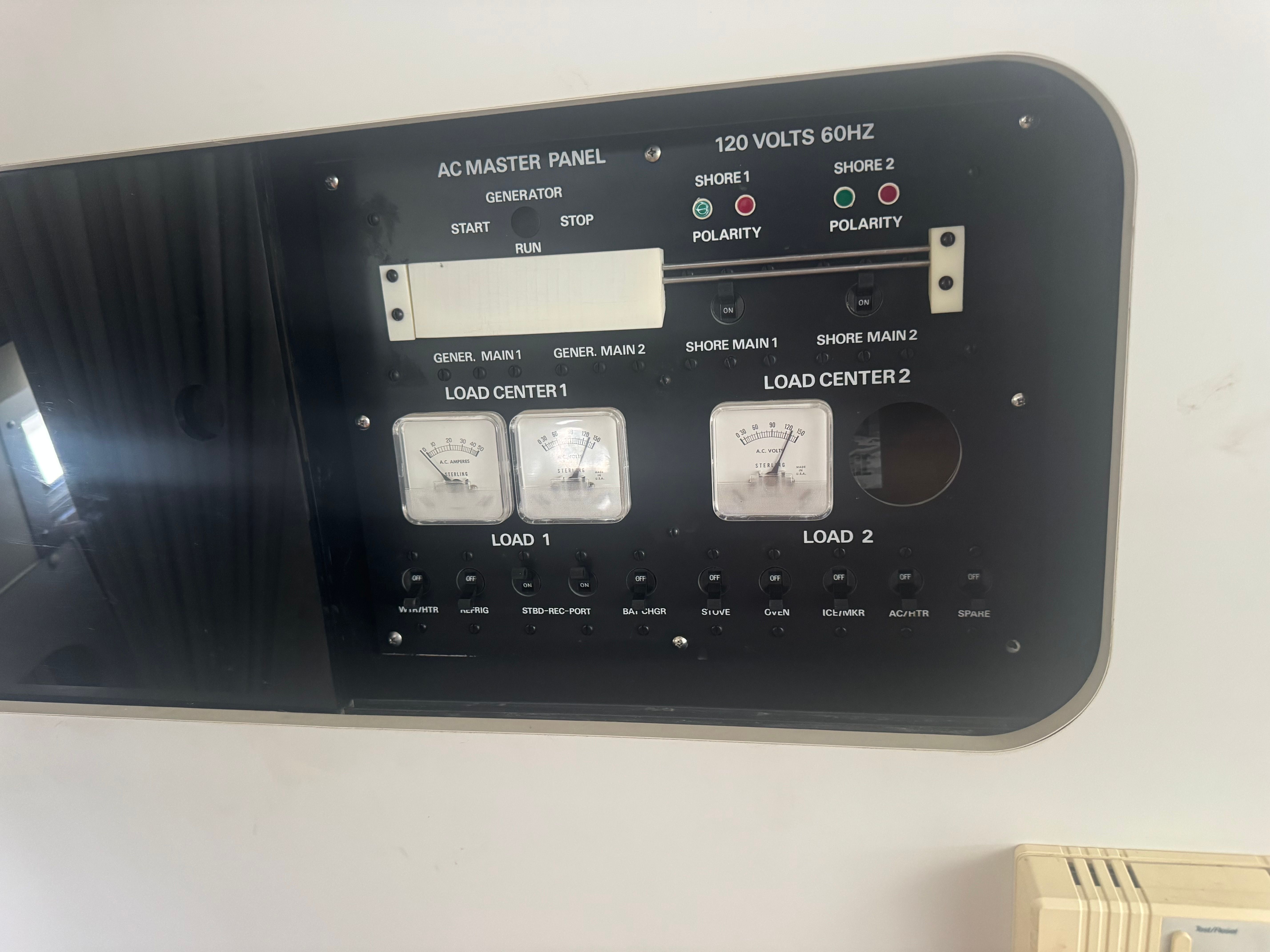 The image shows an AC master panel with various switches and gauges for power loads.