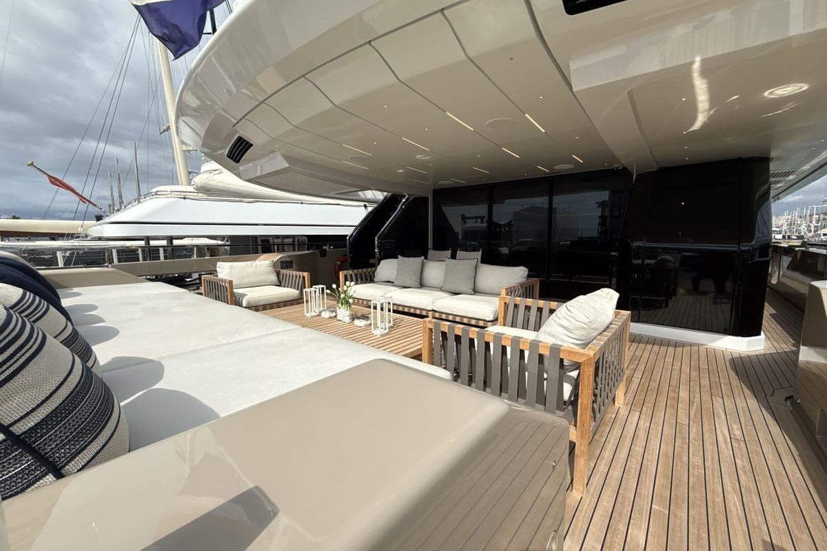 Luxurious 2023 Sanlorenzo 44Alloy yacht deck with elegant seating and modern design.