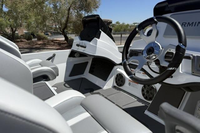 Interior of 2026 Nitro Z19 XL Pro boat with modern steering and seating.