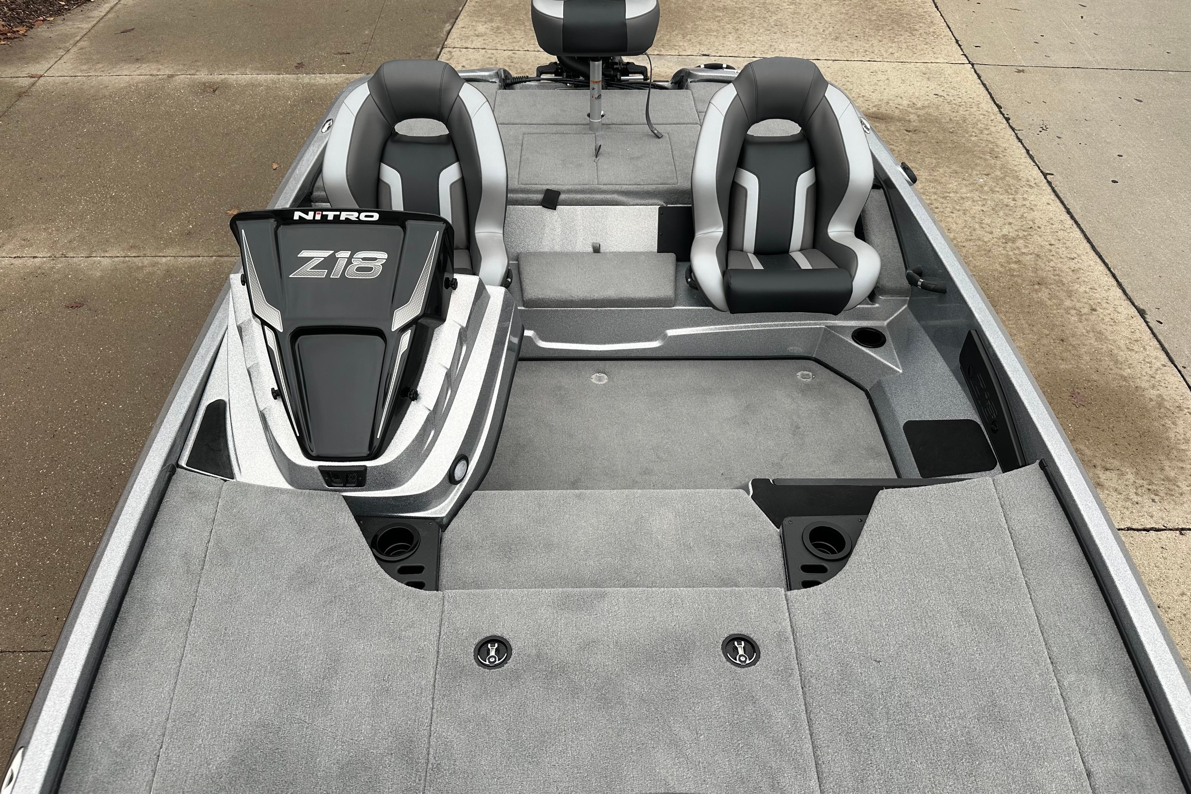 2026 Nitro Z18 boat interior with dual seats and spacious deck layout.