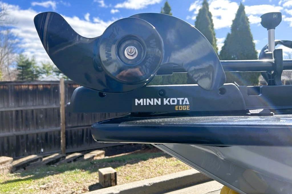 Minn Kota Edge trolling motor on 2026 Tracker Pro Team 195 boat, sunny day background.