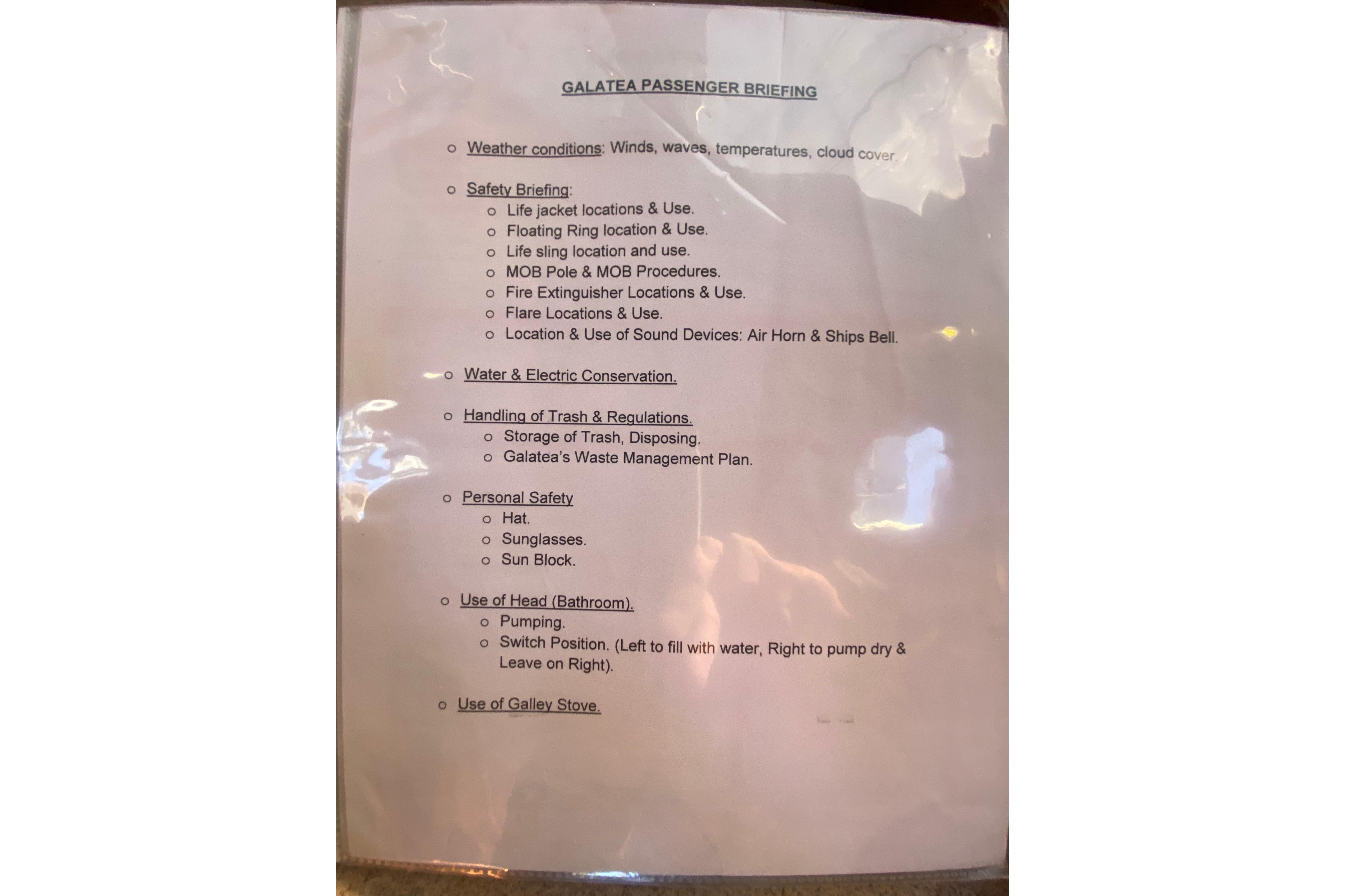 Galatea passenger briefing sheet on Hunter Legend 40.5 yacht, detailing safety and conservation guidelines.
