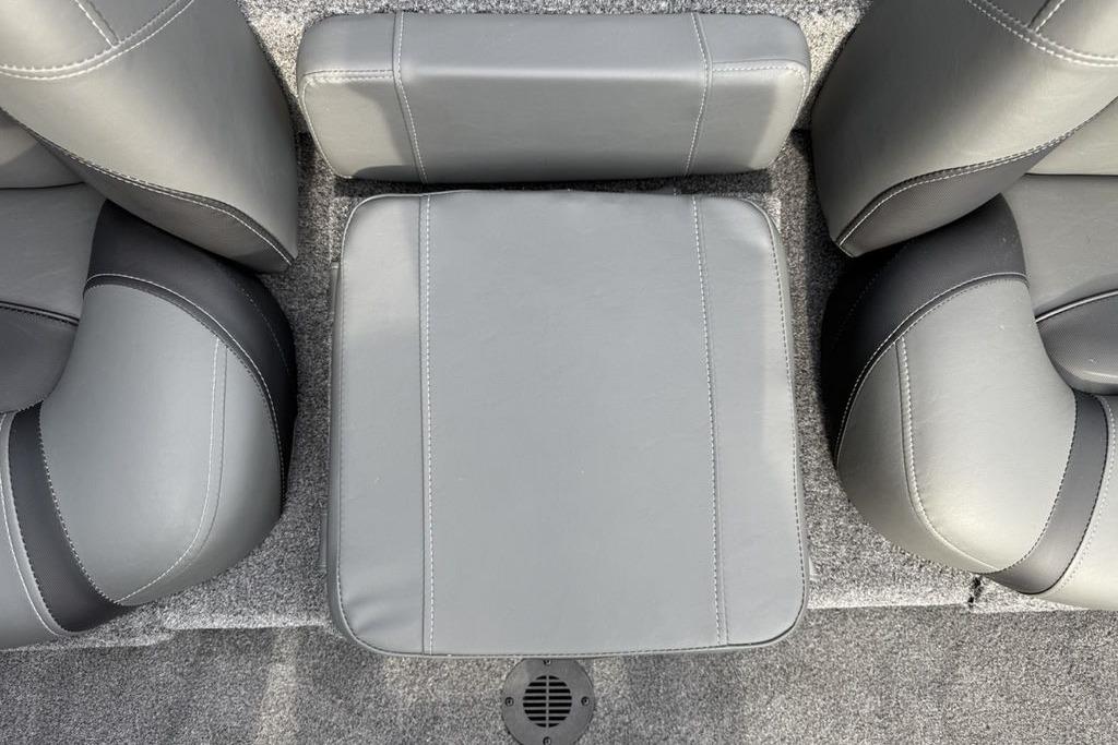 2026 Tracker Pro Team 175 boat interior with gray cushioned seating.