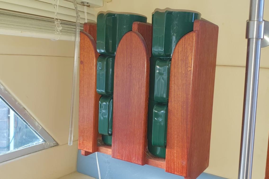Wooden cup holder on Fairey Spearfish MKIII boat, 1989 model.