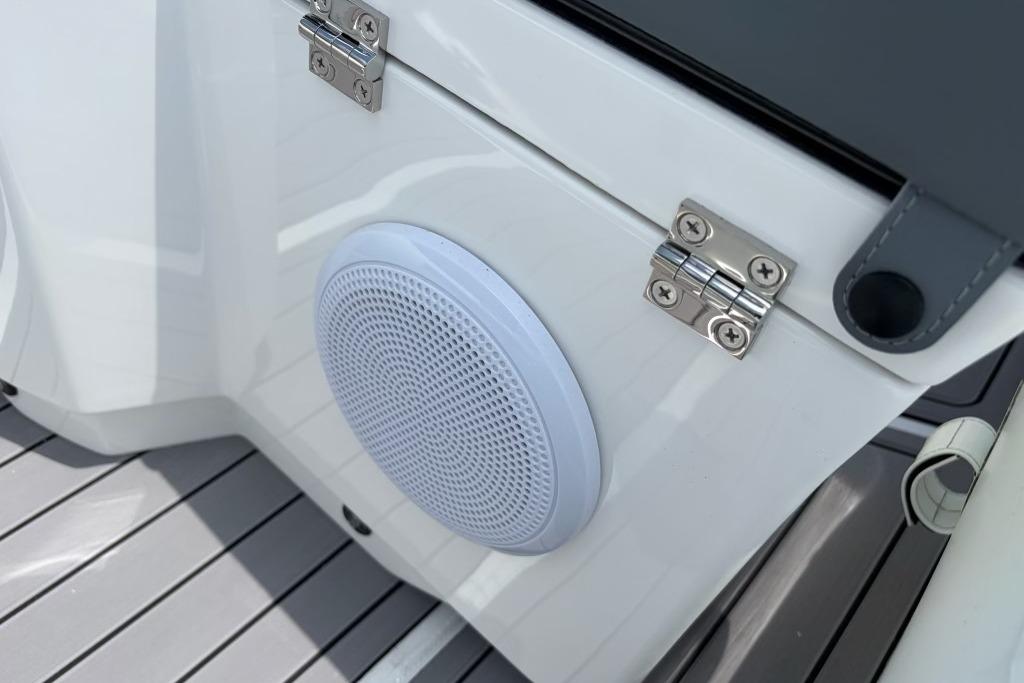2026 Highfield Classic 360 boat speaker and hinge detail on deck.