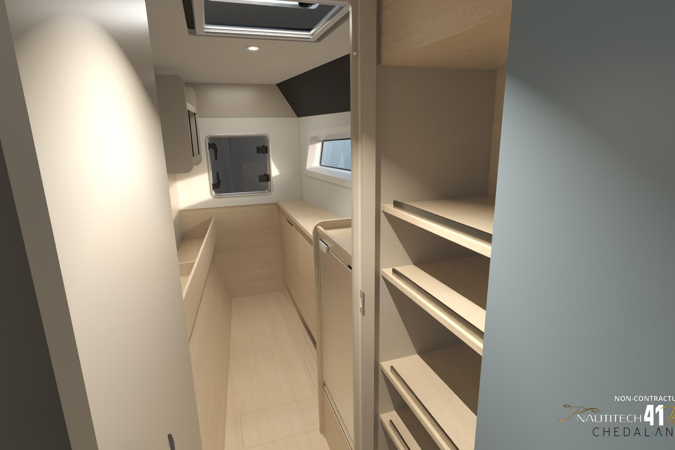 Interior of 2026 Nautitech 41 Type S yacht, featuring modern cabinetry.