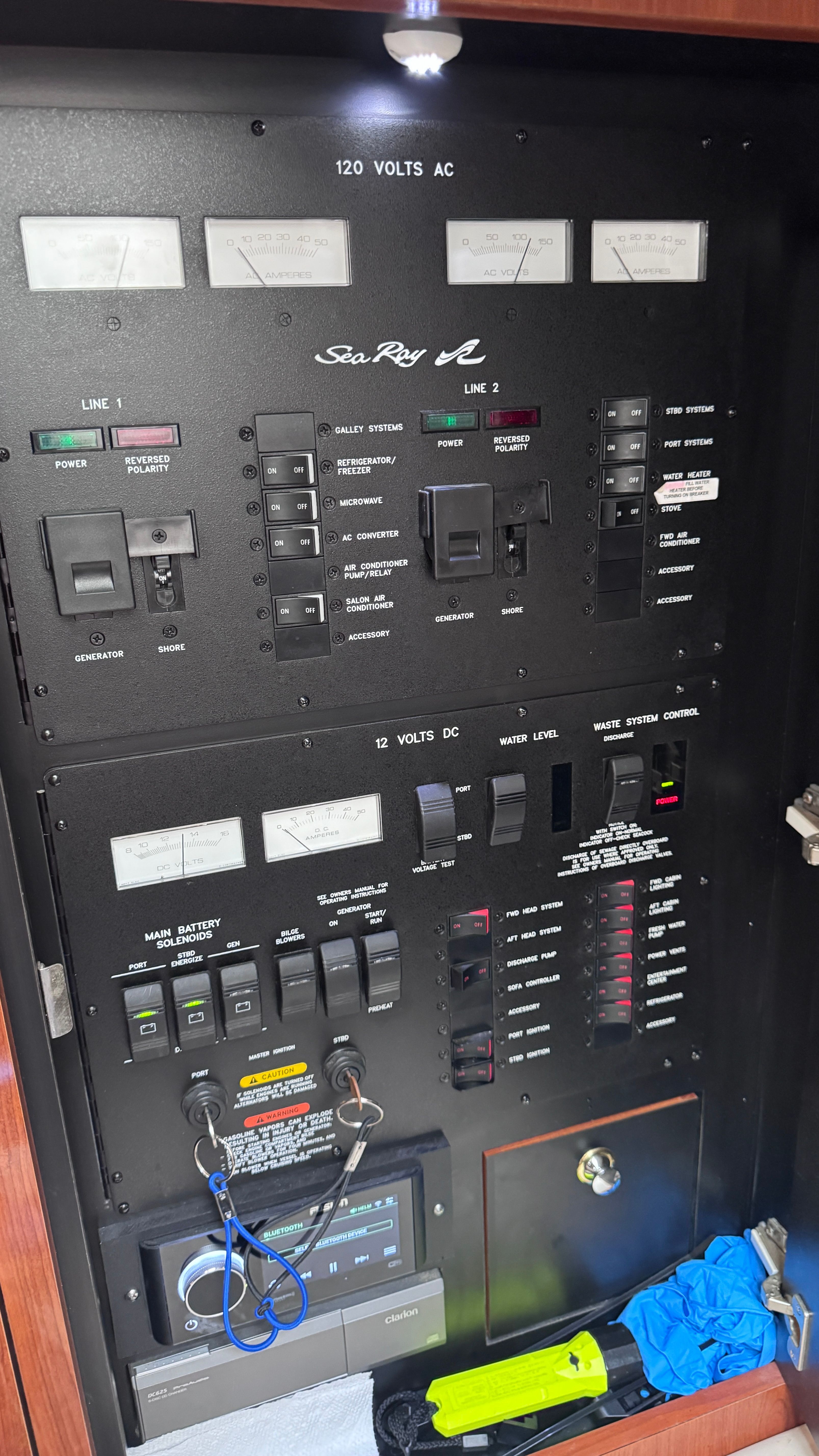 Electrical control panel on a 2003 Sea Ray 360 Sundancer boat.