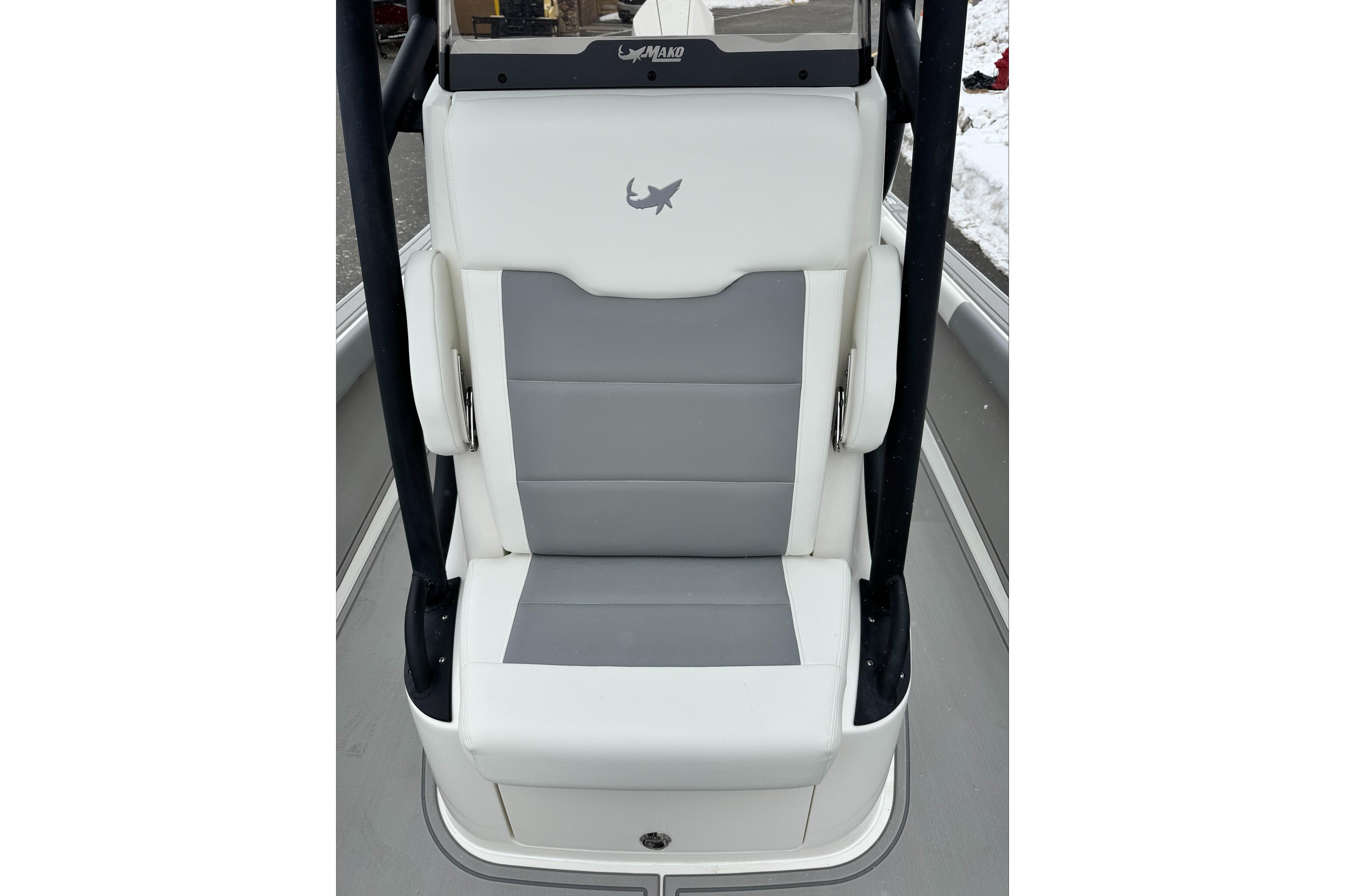2026 Mako 24 APEX boat seat with gray and white upholstery.