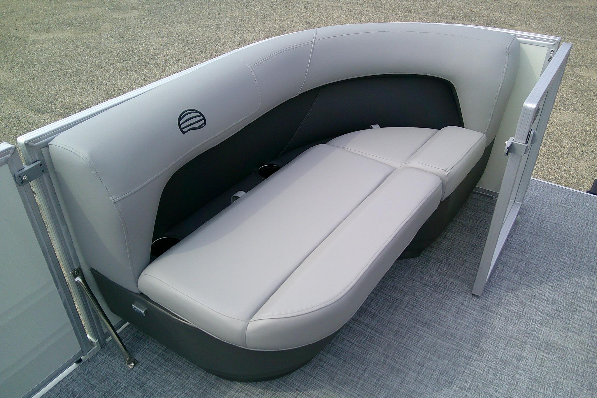 2026 Sun Tracker Party Barge 16 DLX interior seating with gray upholstery.