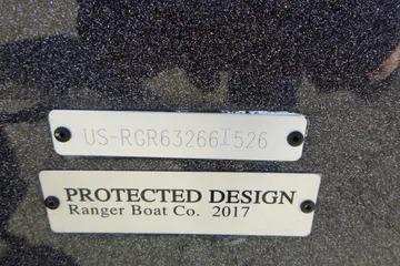 Ranger 2080MS 2026 boat design plate with serial number and protection details.