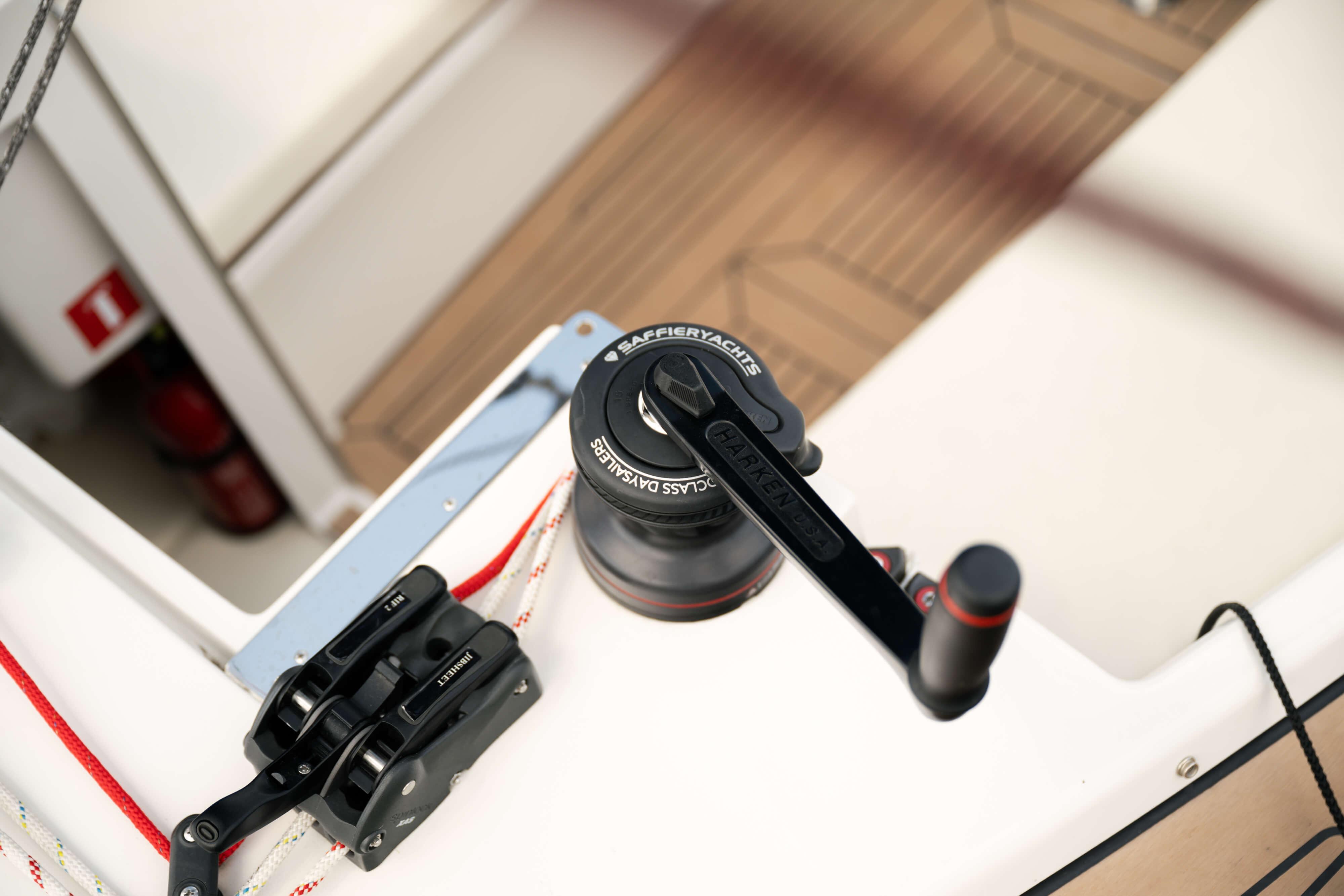 Close-up of 2026 Saffier SC 6.5 Cruise yacht winch and deck details.
