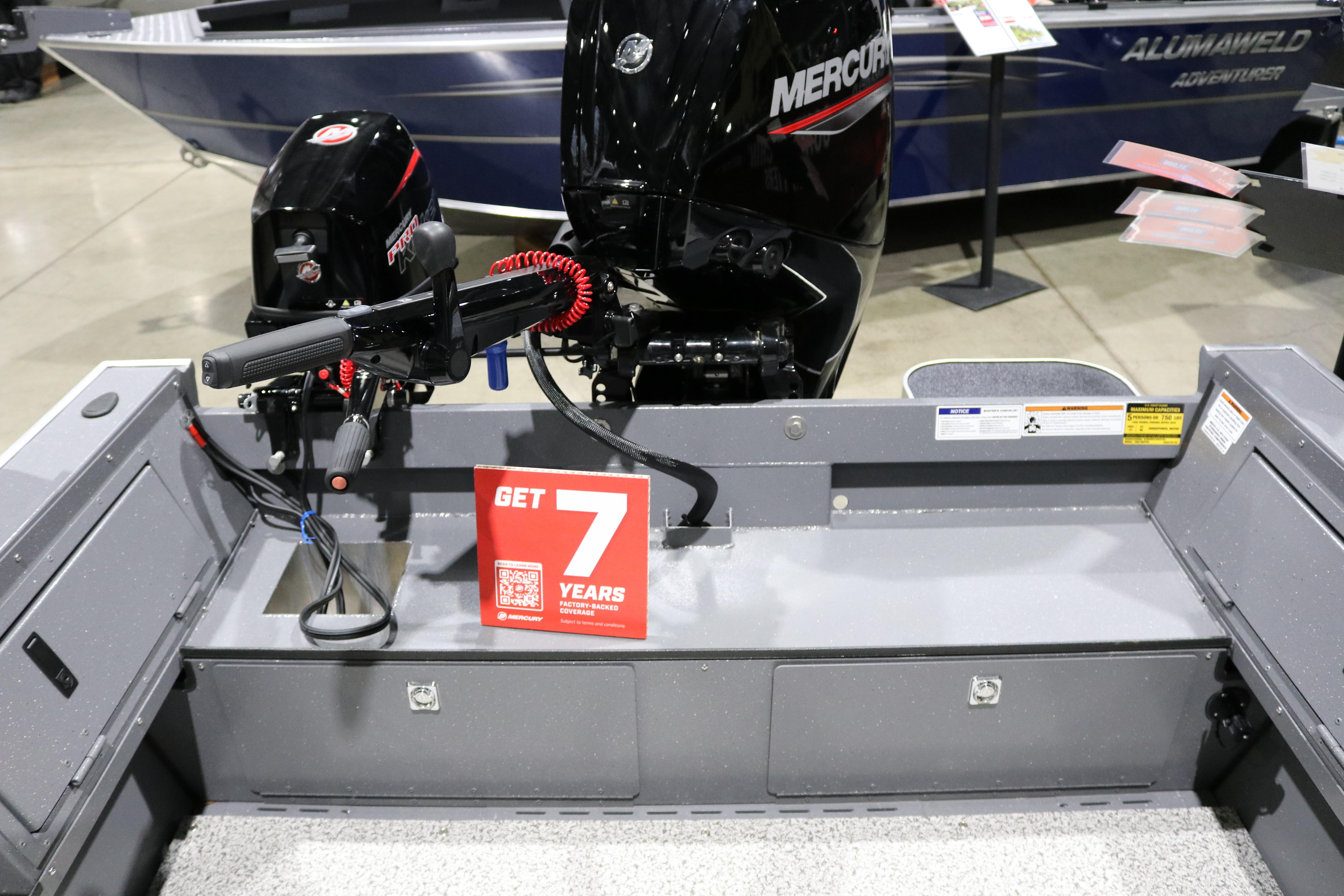 2026 Alumaweld Free Drifter 18 boat with Mercury engine, warranty offer displayed.