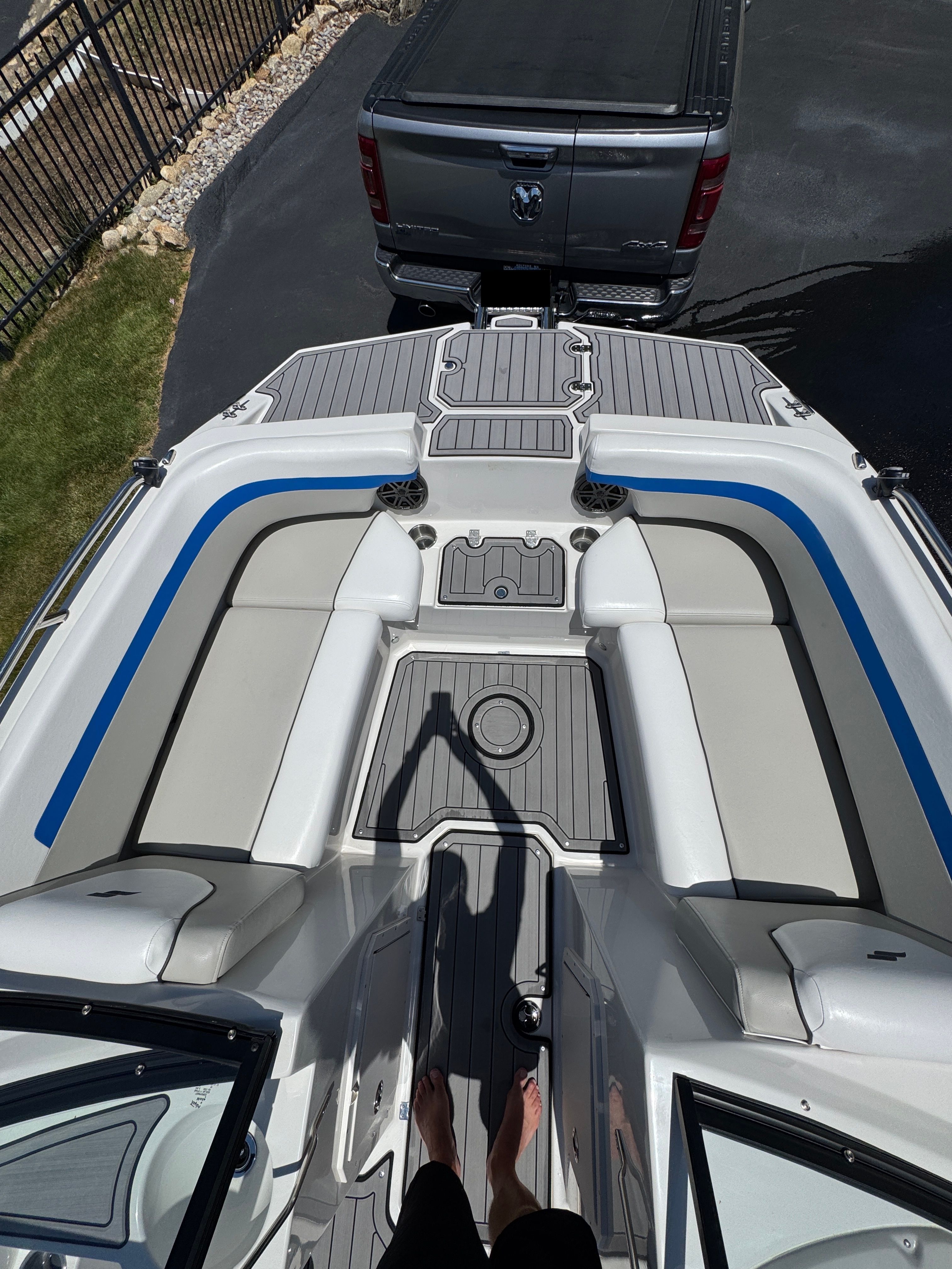 2023 Starcraft SVX 190 OB boat with gray and blue seating.
