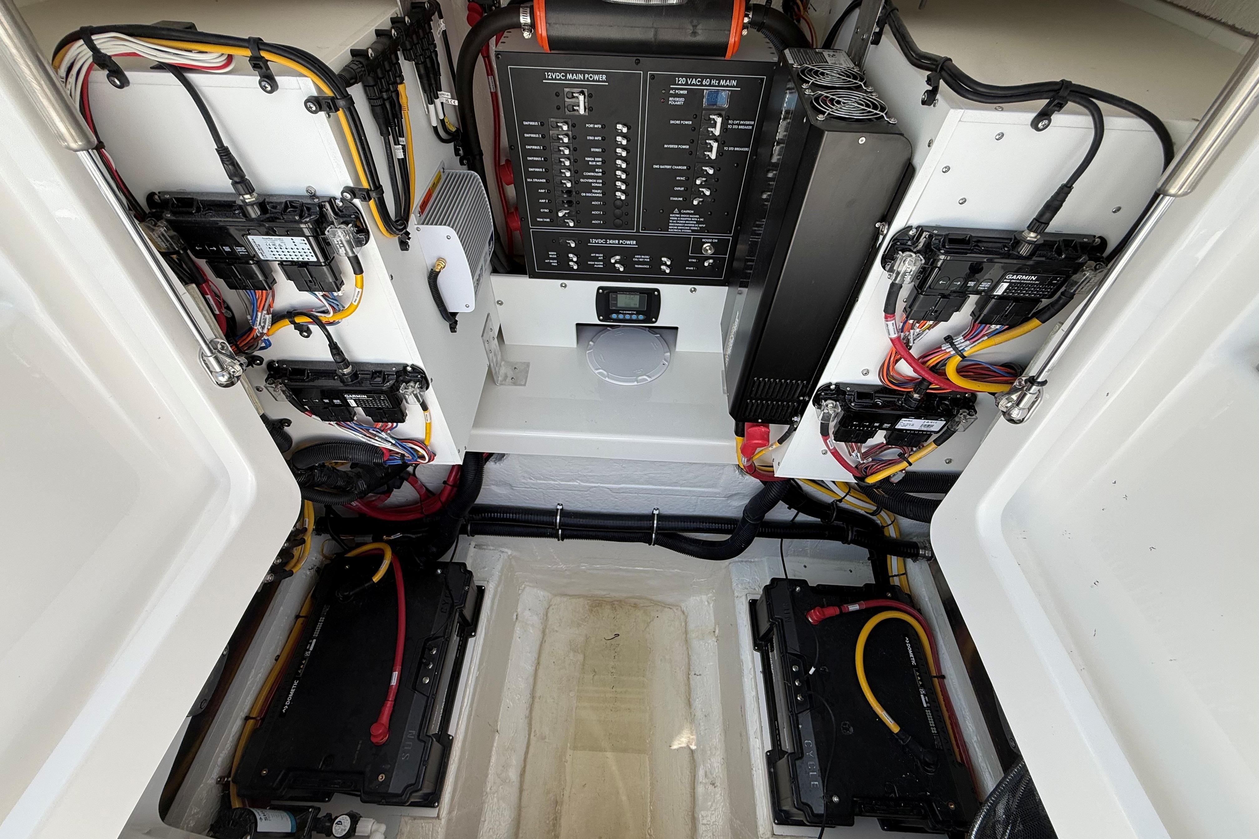 Electrical system of a 2026 Regulator 35 boat, showcasing wiring and control panels.