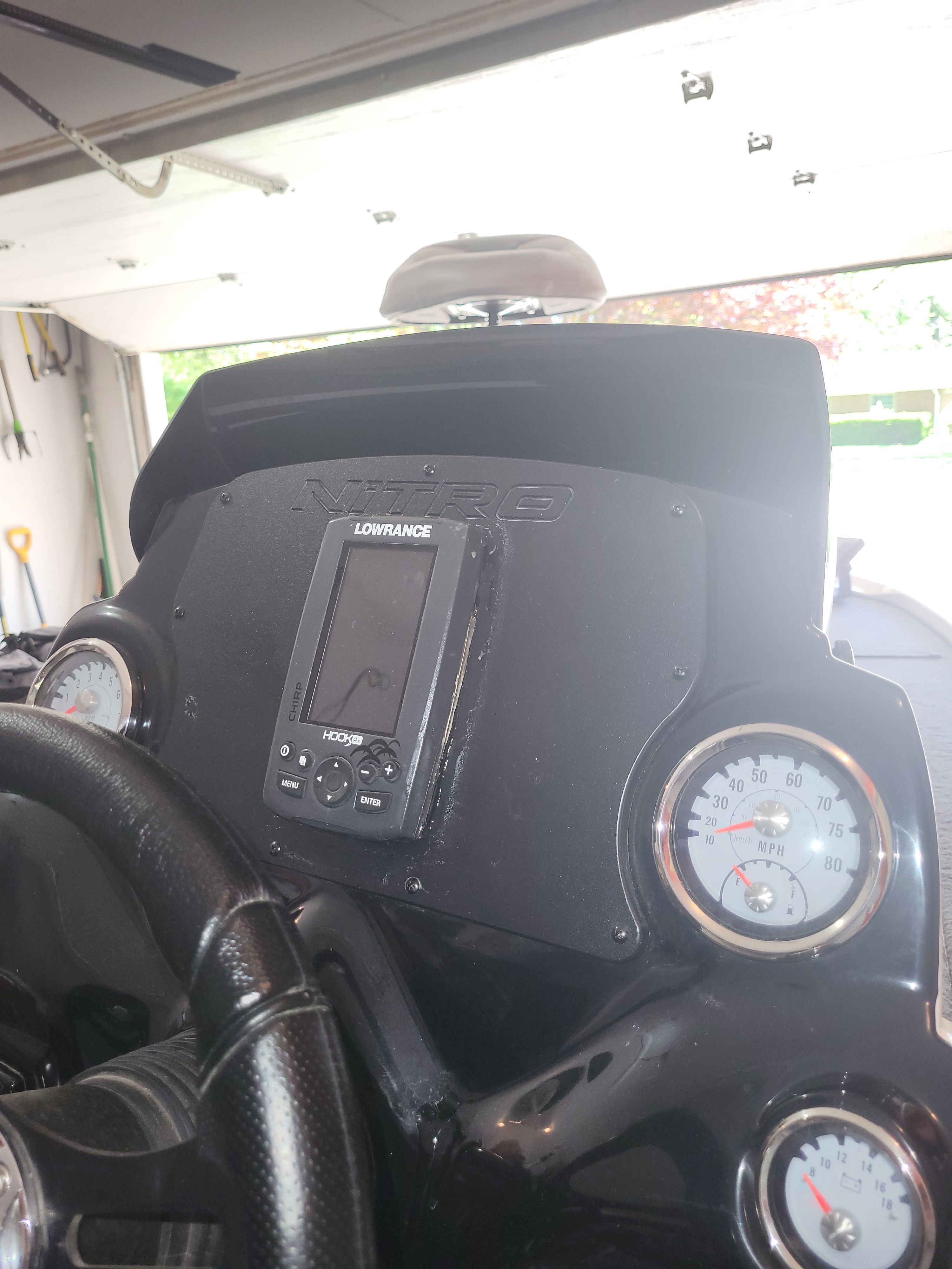 The image shows the dashboard of a 2017 Nitro Z17 boat with a Lowrance fish finder.