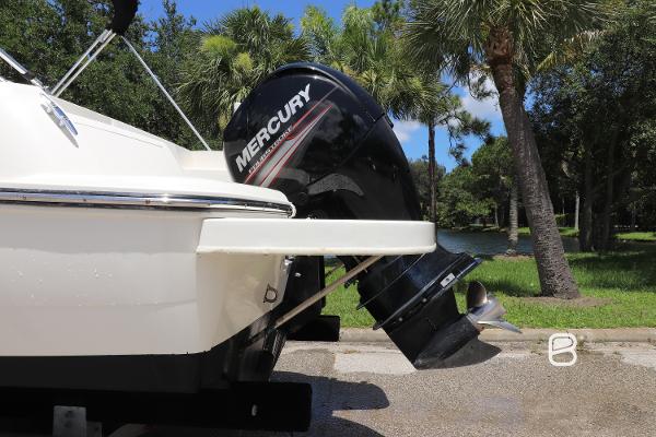 2018 Bayliner 210 DB boat with Mercury outboard motor, parked near palm trees.
