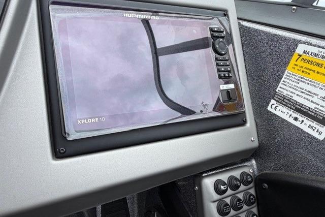 Dashboard of 2025 Ranger 1850MS boat featuring Humminbird Xplore 10 display.