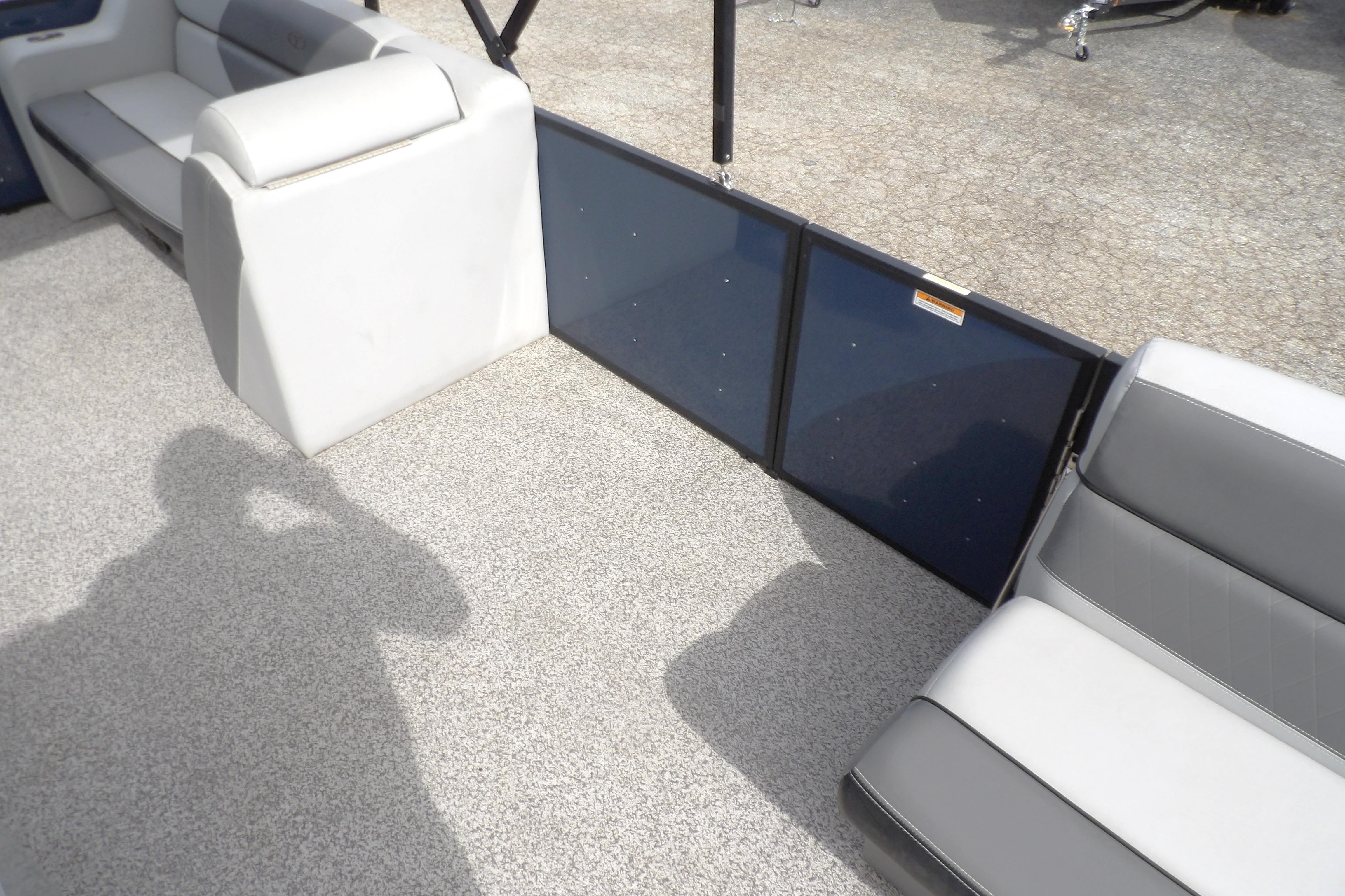 Interior of 2022 Veranda Vista View 22RC pontoon boat with gray seating.