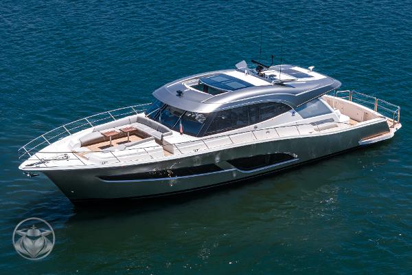 2025 Riviera 645 SUV luxury yacht cruising on the water.