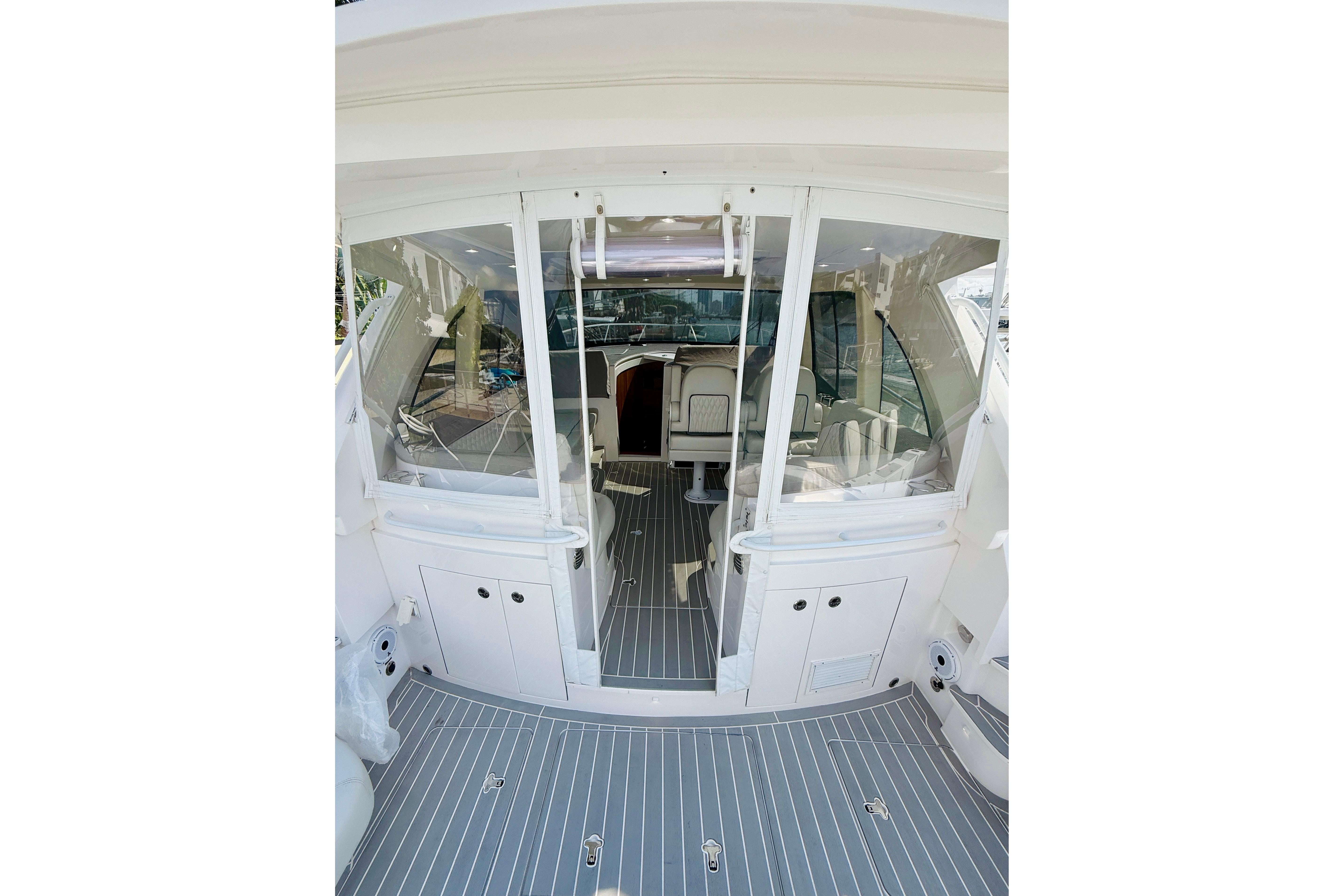 2021 Intrepid 410 Evolution yacht interior with sleek design and modern seating.