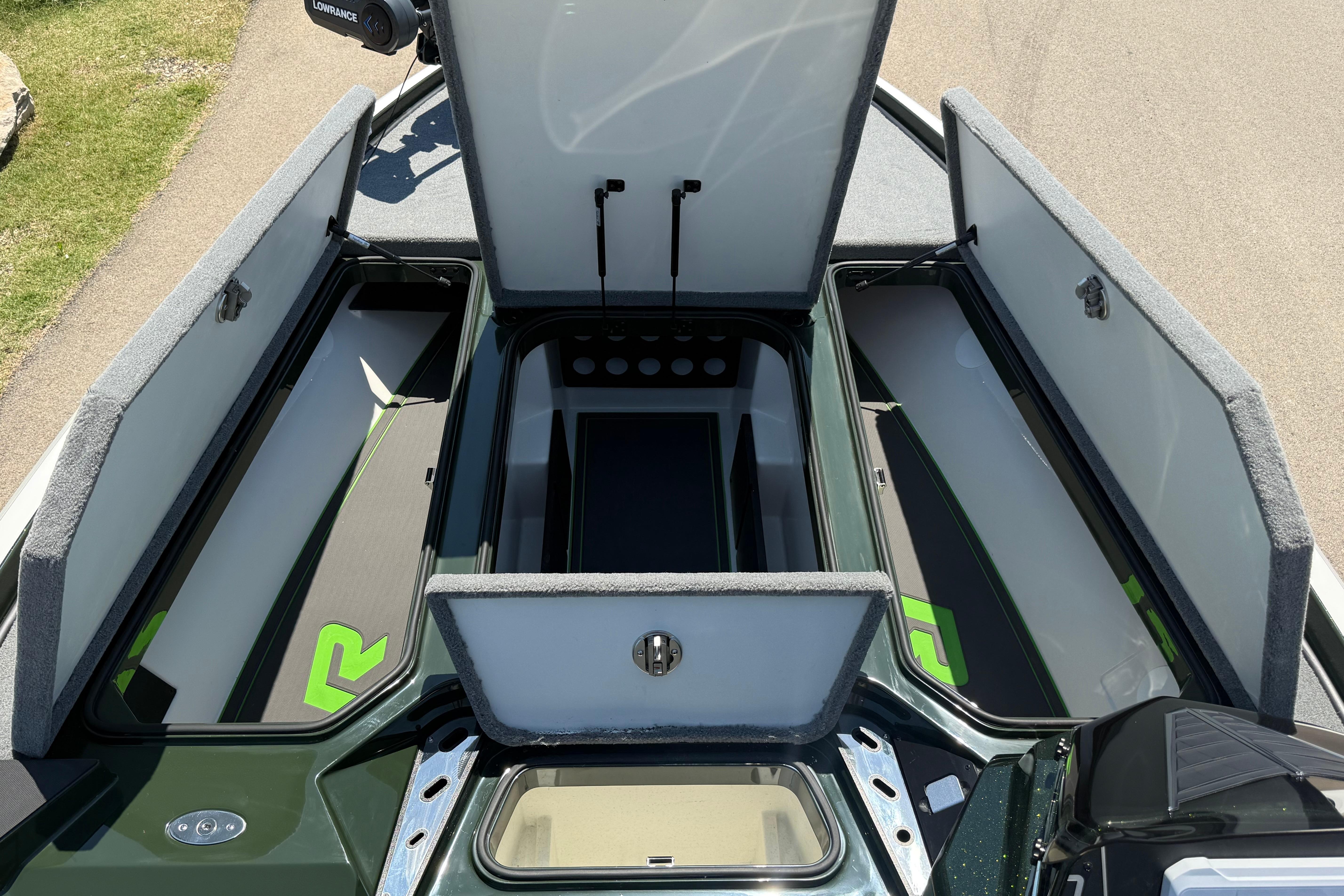 2026 Ranger Z519R boat storage compartments open, showcasing spacious interior design.